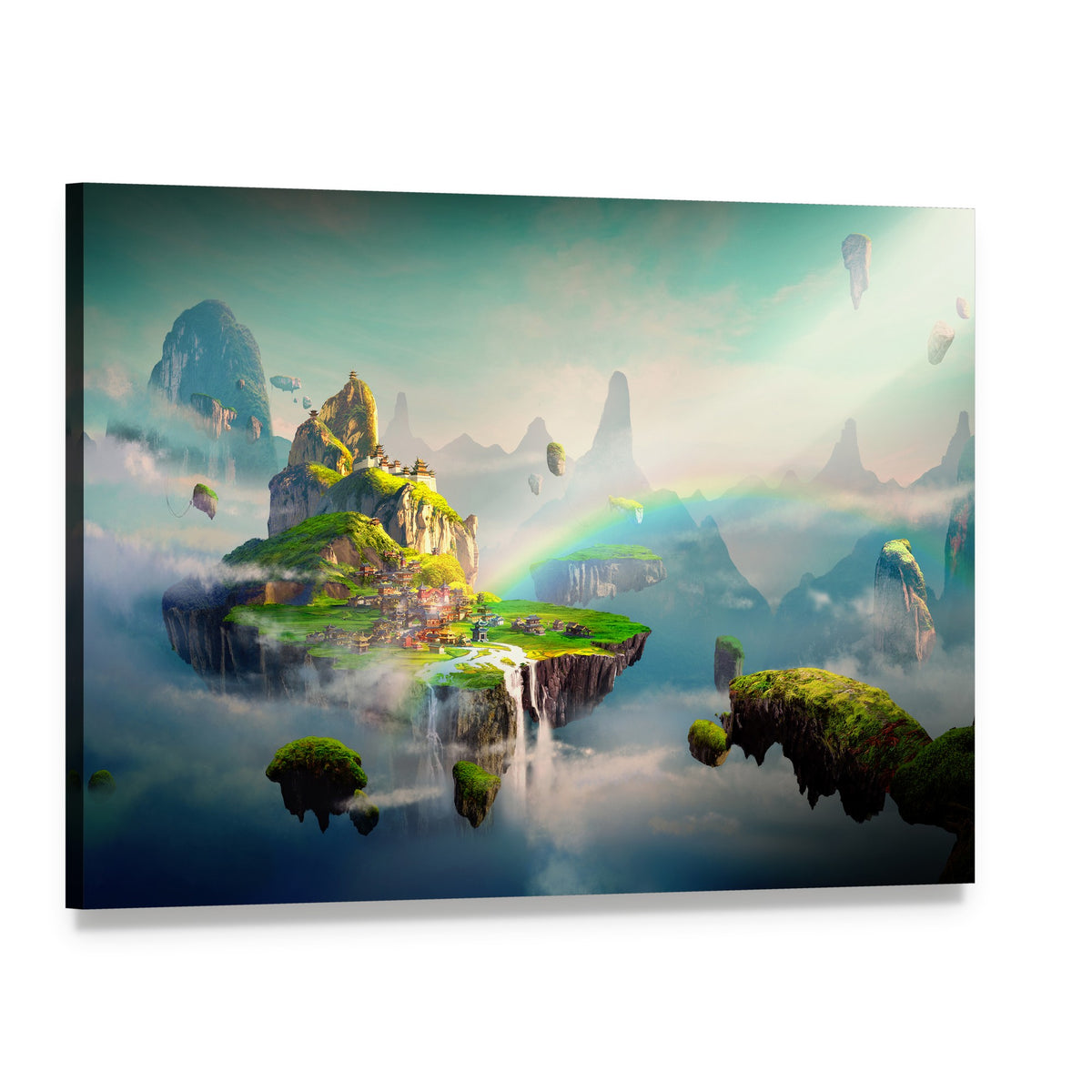 Floating Island Village with Waterfall and Rainbow Canvas Wall Art, single panel gallery wrapped canvas, angled product view