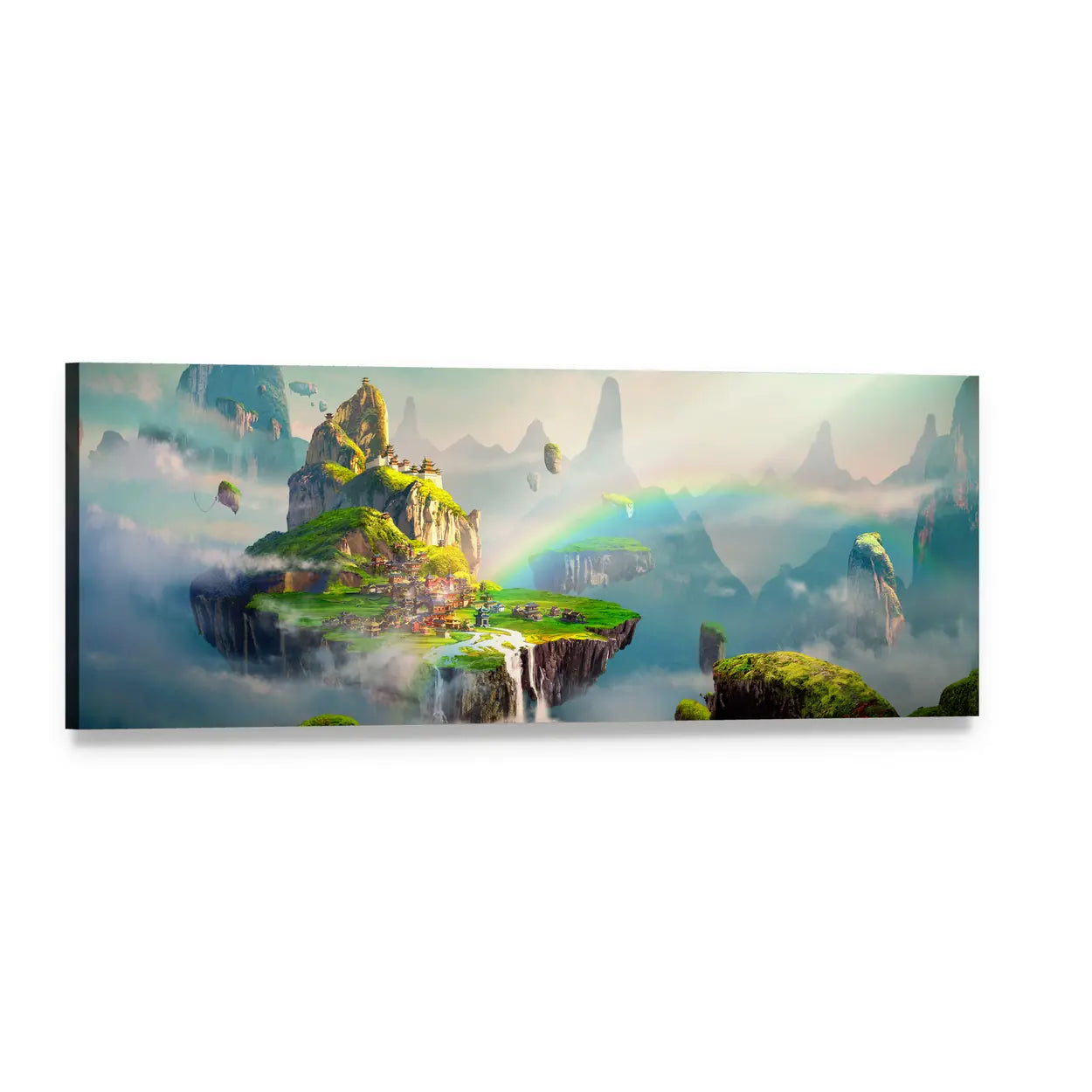 Fantasy Floating Islands with Village and Waterfall Panoramic Canvas Wall Art, single panel gallery wrapped canvas, angled product view