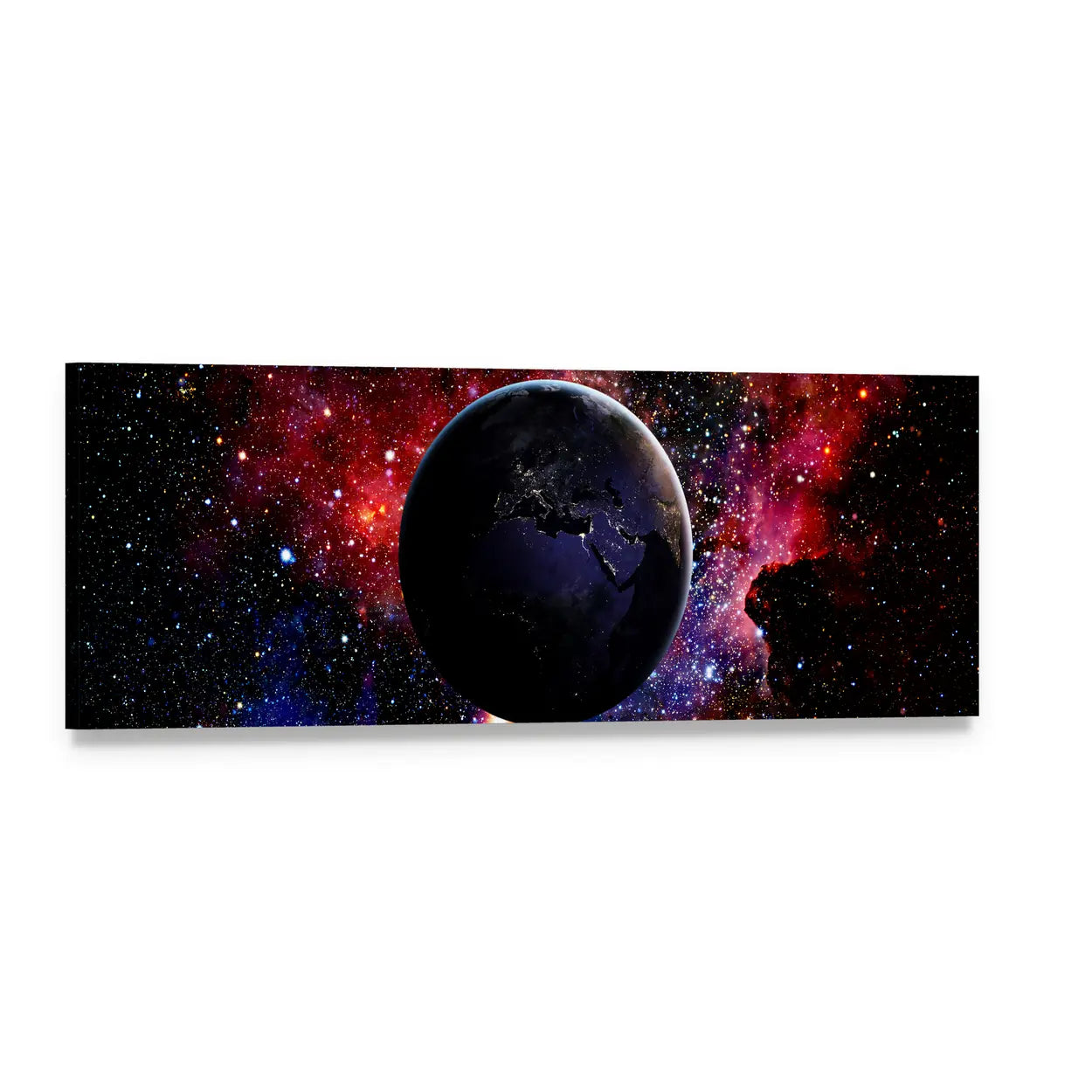 Earth at Night in a Starry Galaxy Panoramic Canvas Wall Art, single panel gallery wrapped canvas, angled product view