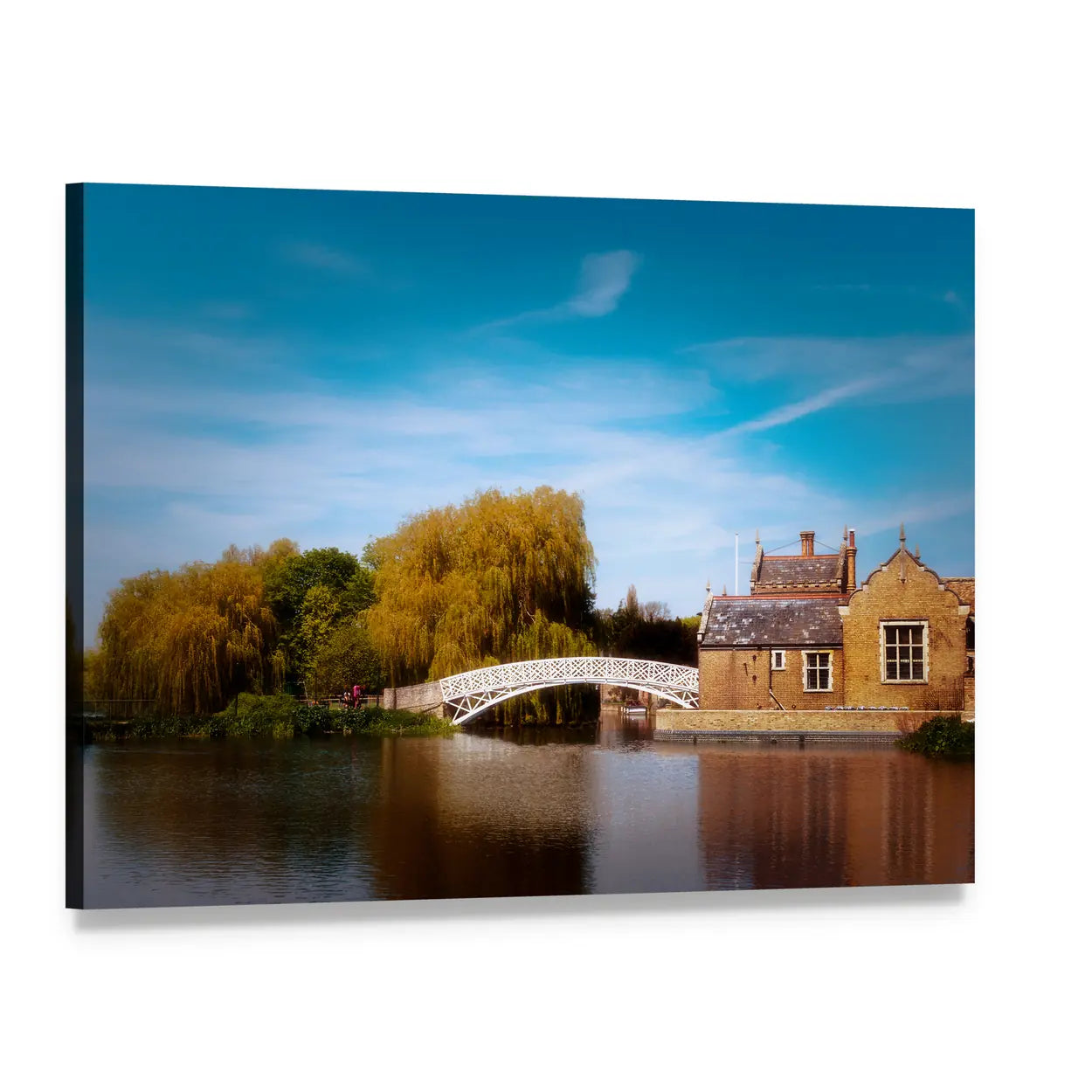 White Arched Bridge with Stone Cottage Canvas Wall Art, single panel gallery wrapped canvas, angled product view