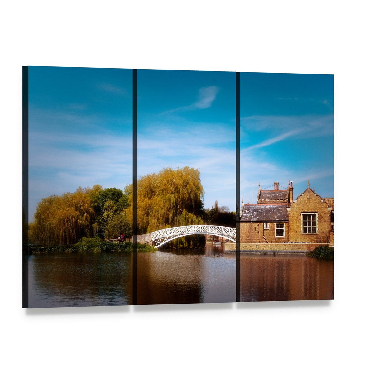 White Chinese Bridge Over River Canvas Wall Art, 3 panel 3 Horizontal layout gallery wrapped canvas set, angled product view