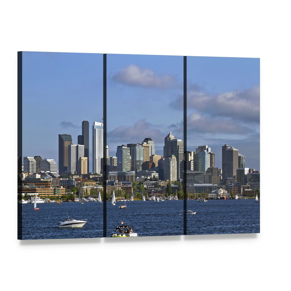 Seattle Skyline on Lake Canvas Wall Art, 3 panel 3 Horizontal layout gallery wrapped canvas set, angled product view