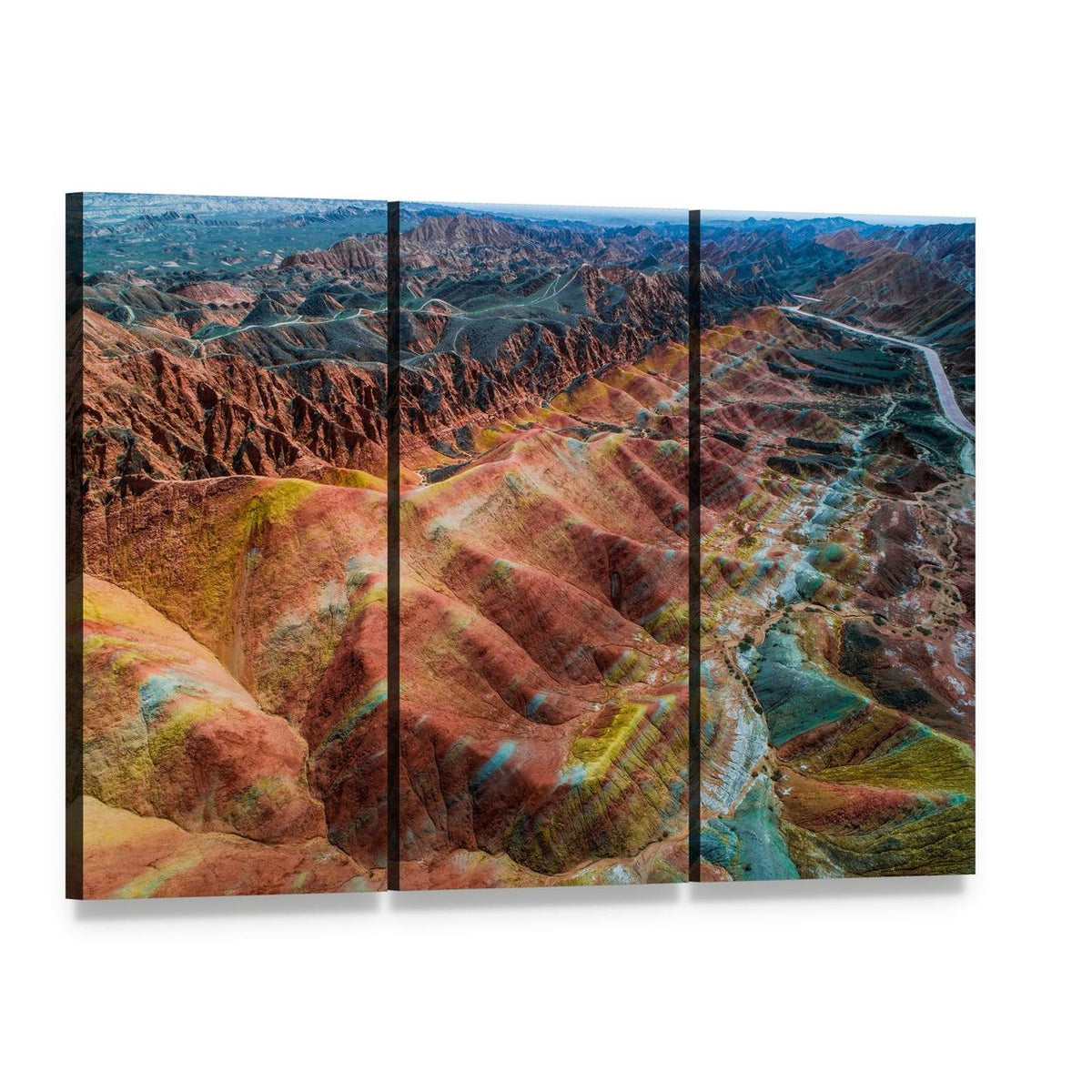 Vibrant Rainbow Mountains in China Canvas Wall Art, 3 panel 3 Horizontal layout gallery wrapped canvas set, angled product view