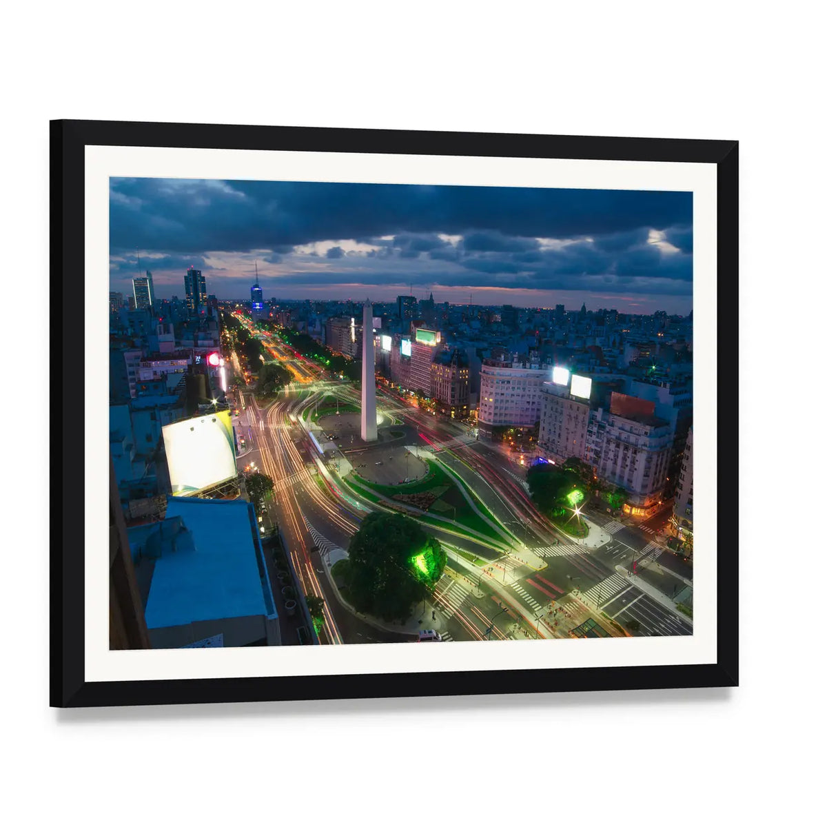 Buenos Aires Night Skyline Canvas Wall Art, framed print with white mat and black frame, angled product view