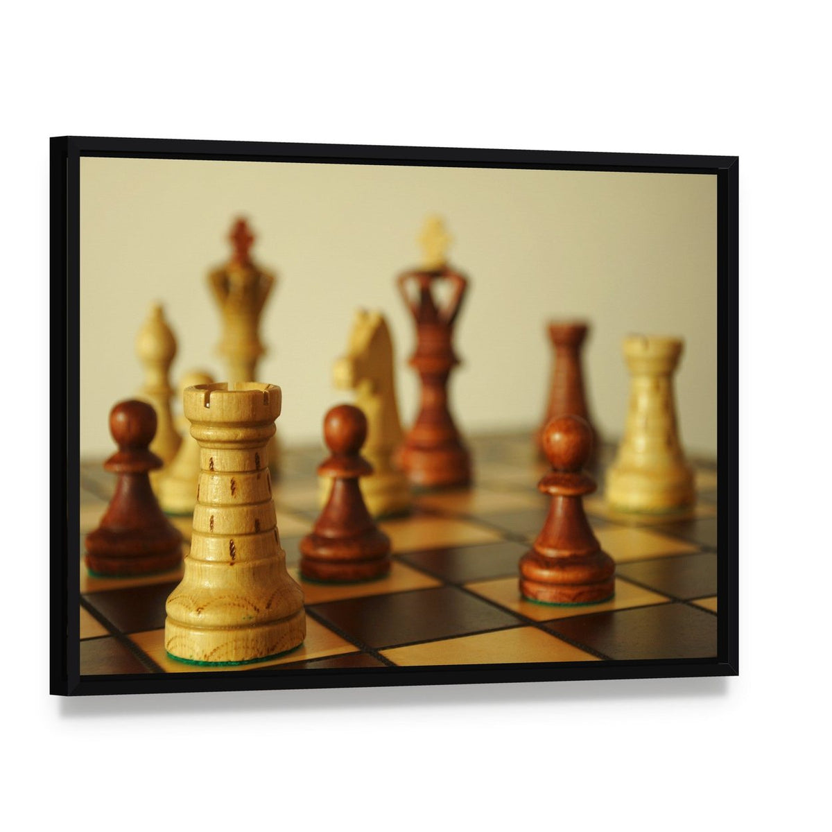 Brown Chess Pieces Canvas Wall Art, framed canvas in a black floater frame, angled product view