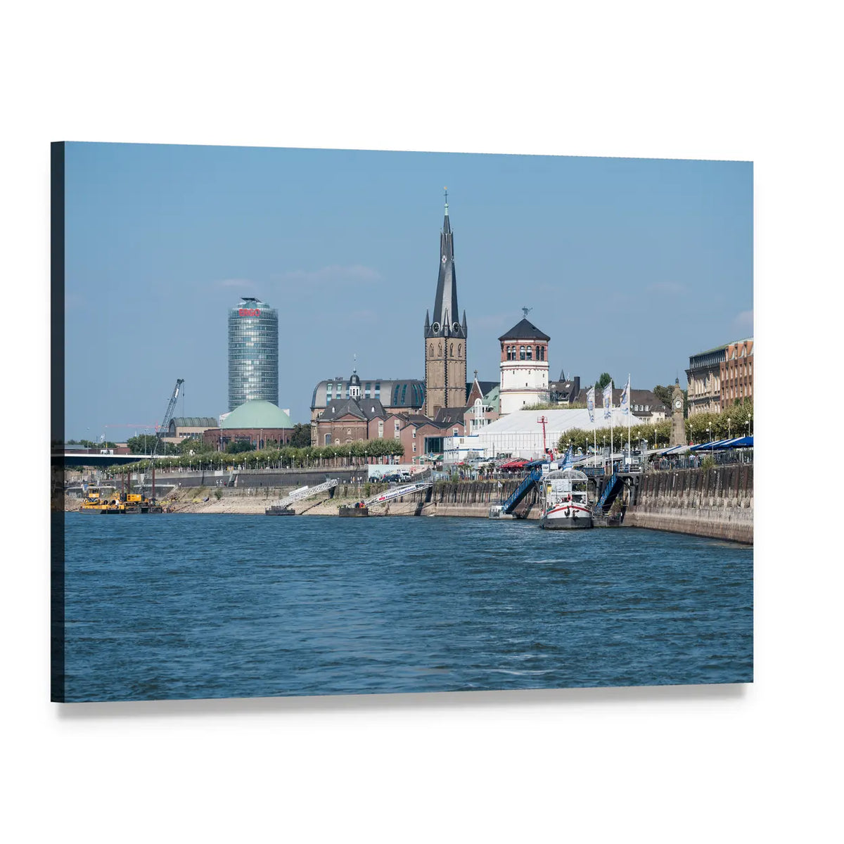River Promenade City Skyline with Tower Canvas Wall Art, single panel gallery wrapped canvas, angled product view