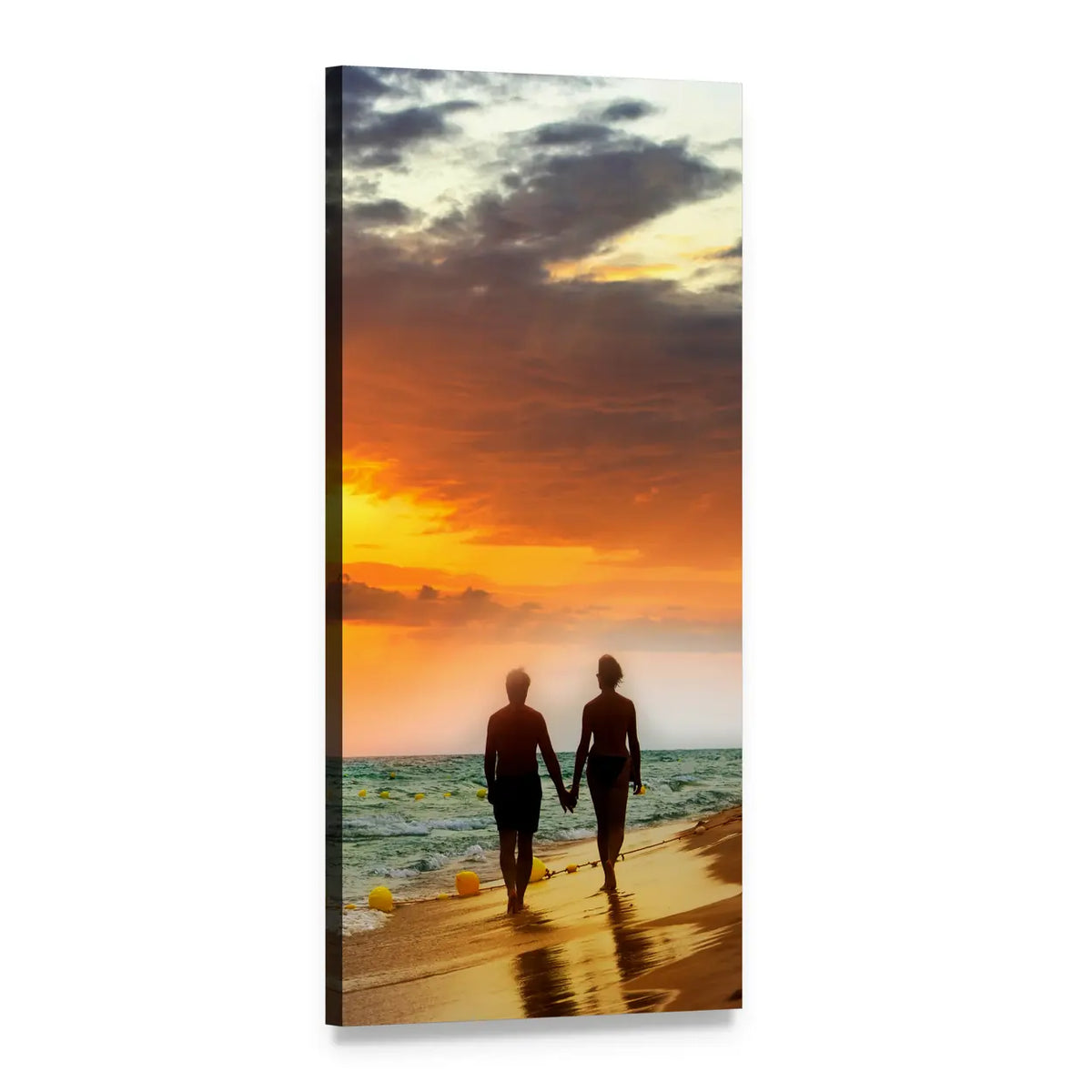 Couple Walking on Sunset Beach Vertical Canvas Wall Art, 1 panel 1 Vertical layout gallery wrapped canvas set, angled product view
