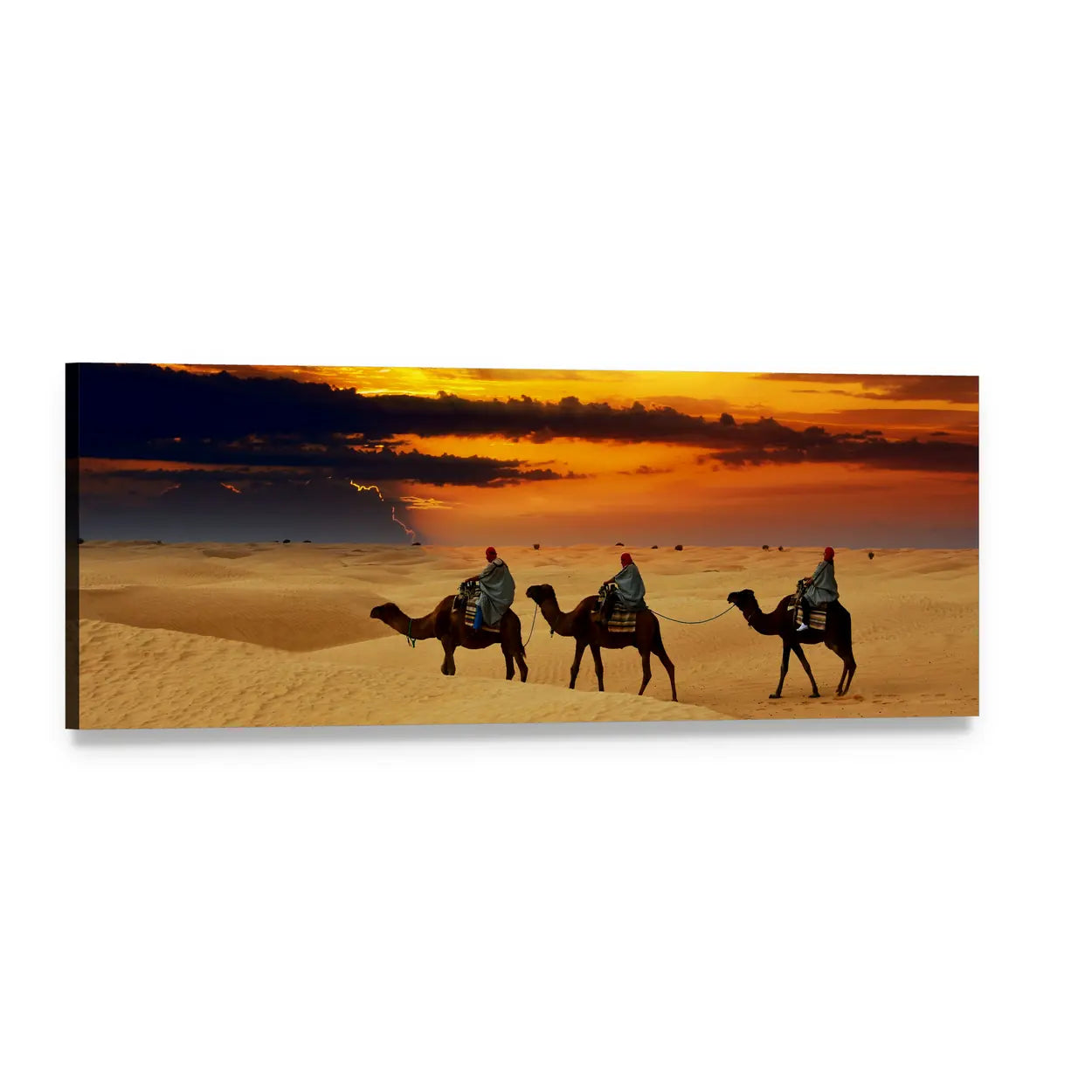 Three Camels at Golden Sunset Panoramic Canvas Wall Art, single panel gallery wrapped canvas, angled product view
