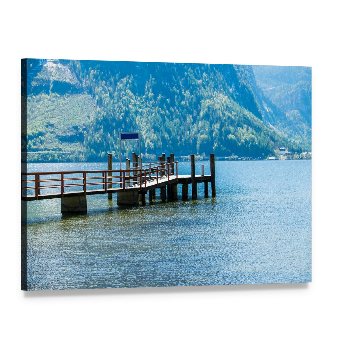 Pier Over Hallstätter See Lake Canvas Wall Art, single panel gallery wrapped canvas, angled product view