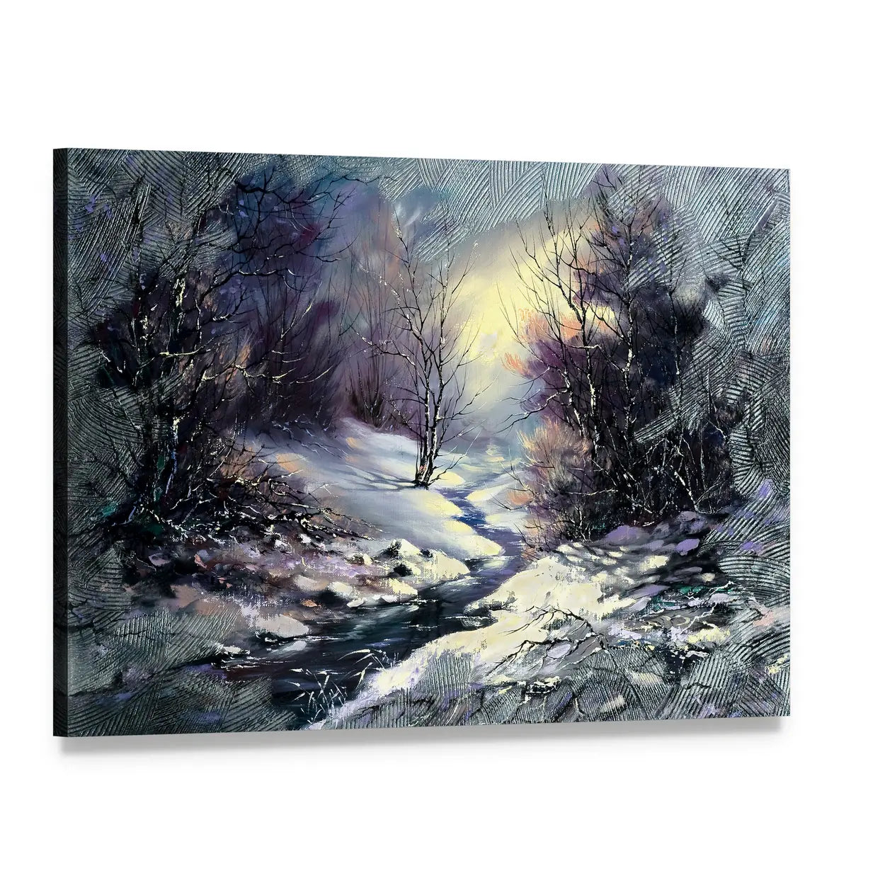 River in Winter Woods Canvas Wall Art, single panel gallery wrapped canvas, angled product view