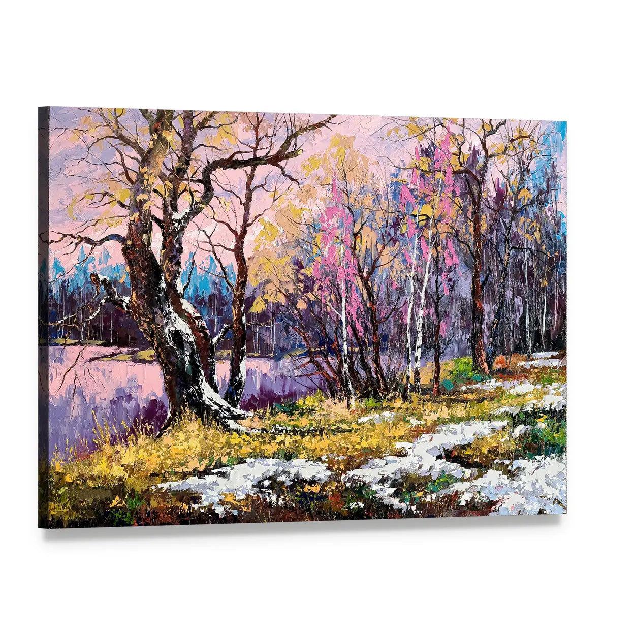 Early Spring at Birch Lake Canvas Wall Art, single panel gallery wrapped canvas, angled product view