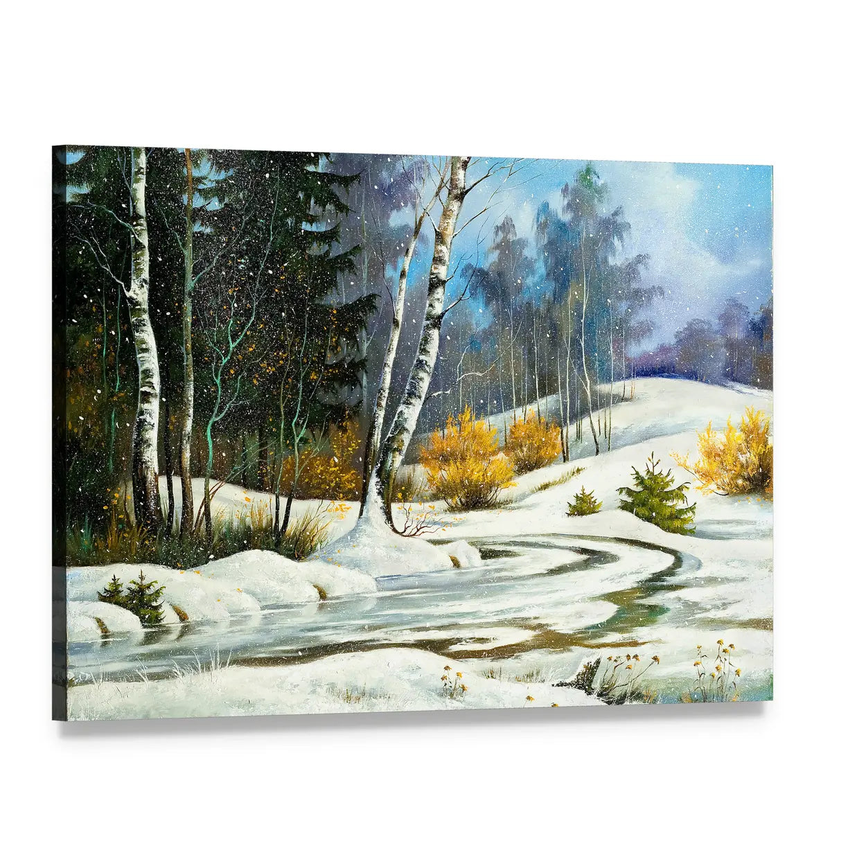 Winter Birch Forest with Frozen Stream Canvas Wall Art, single panel gallery wrapped canvas, angled product view