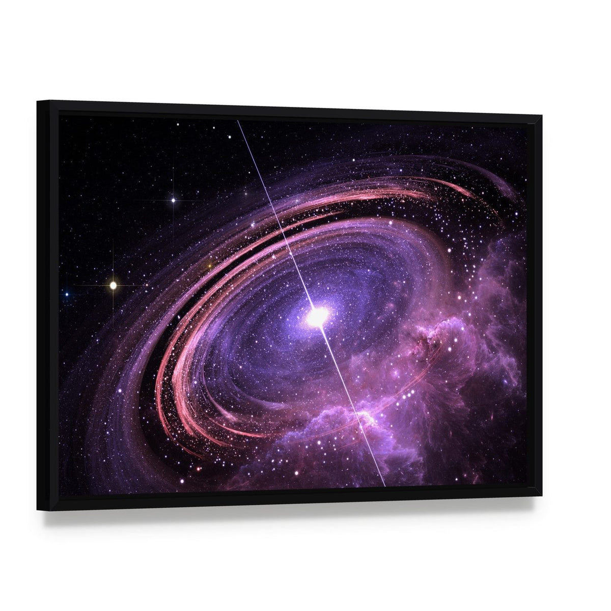 Quasar Surrounded by an Orbiting Accretion Disk of Gas Canvas Wall Art, framed canvas in a black floater frame, angled product view