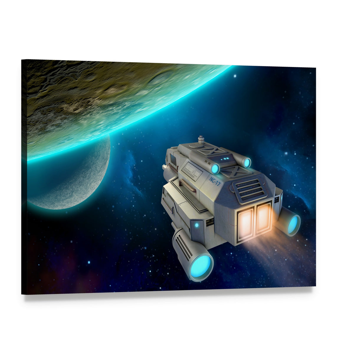 Spaceship Approaching a Planet Canvas Wall Art, single panel gallery wrapped canvas, angled product view