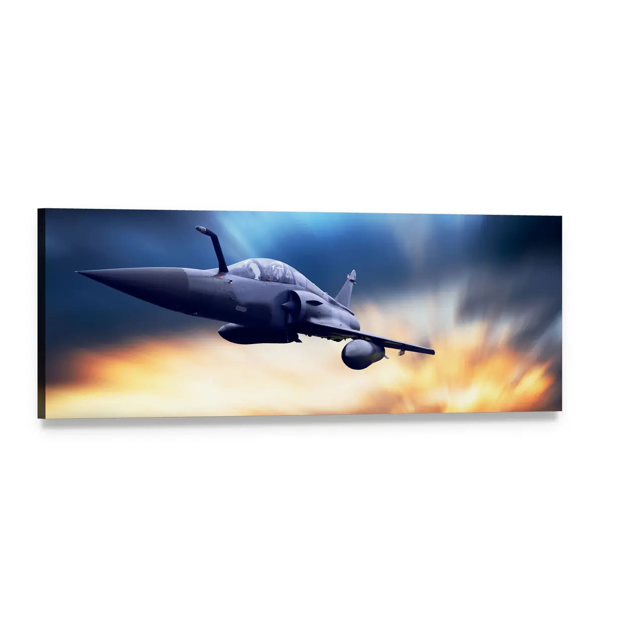 High-speed Fighter Jet at Sunset Panoramic Canvas Wall Art, single panel gallery wrapped canvas, angled product view