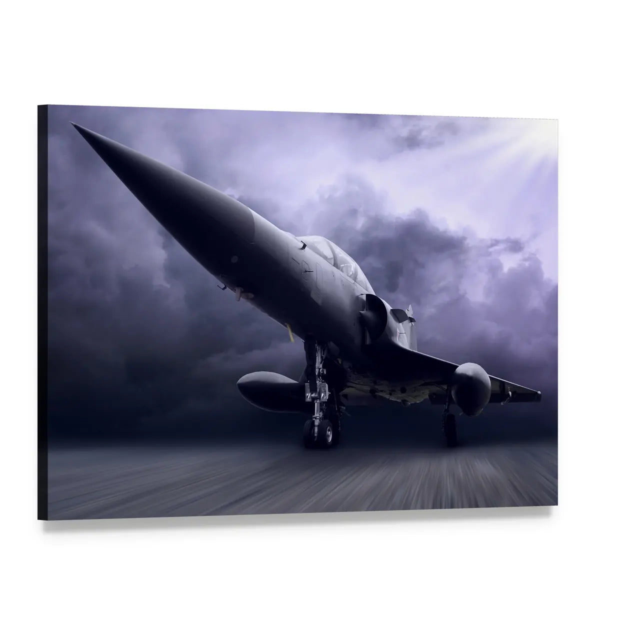 Fighter Jet Over Runway Canvas Wall Art, single panel gallery wrapped canvas, angled product view