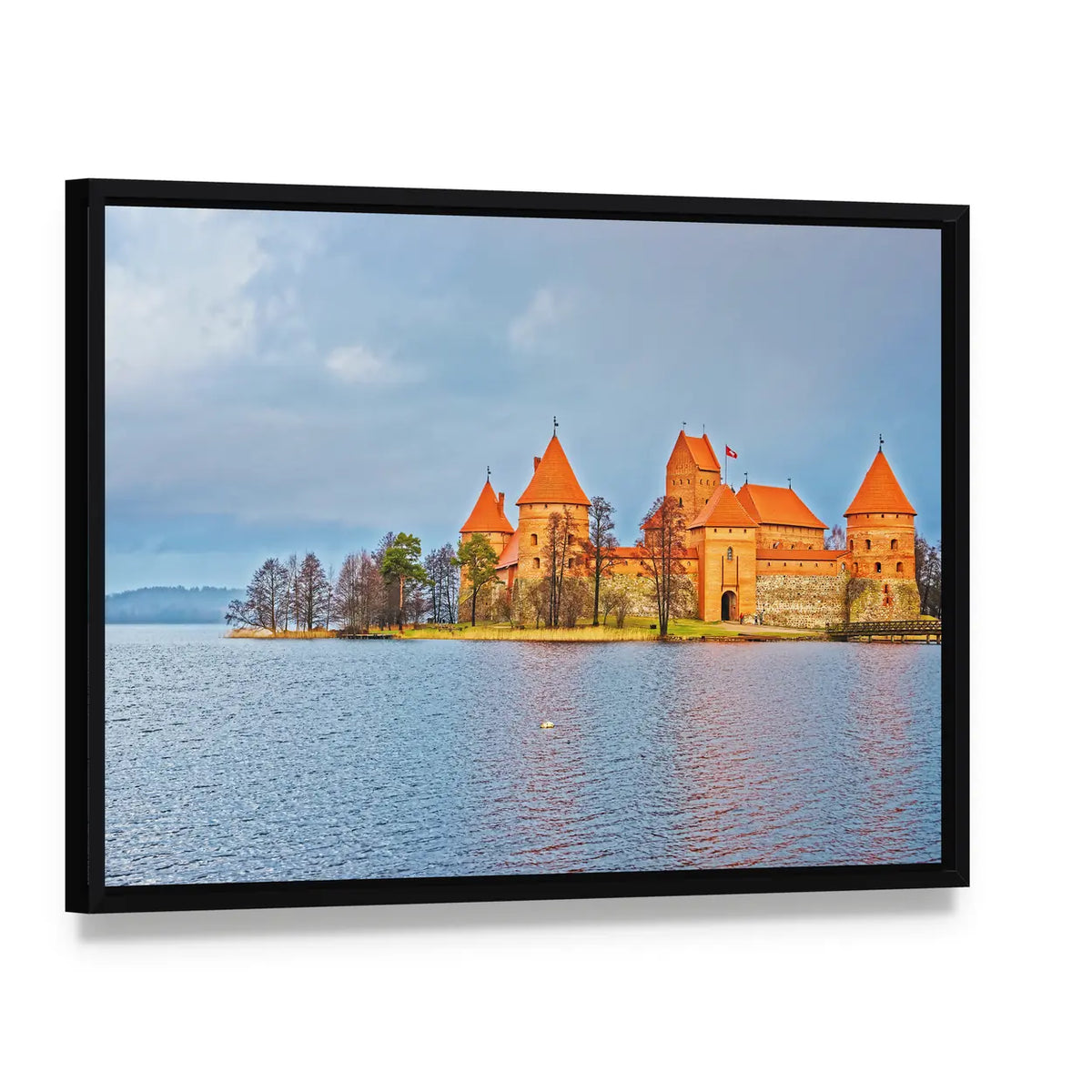 Trakai Island Castle at Galve Lake Canvas Wall Art, framed canvas in a black floater frame, angled product view