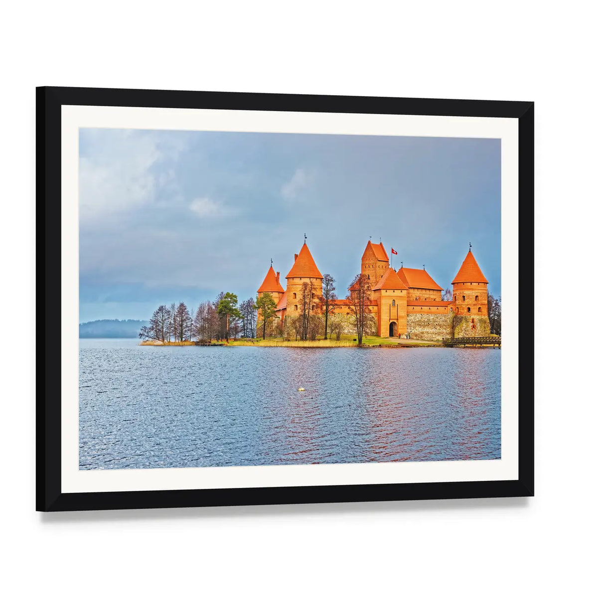 Trakai Island Castle at Galve Lake Canvas Wall Art, framed print with white mat and black frame, angled product view
