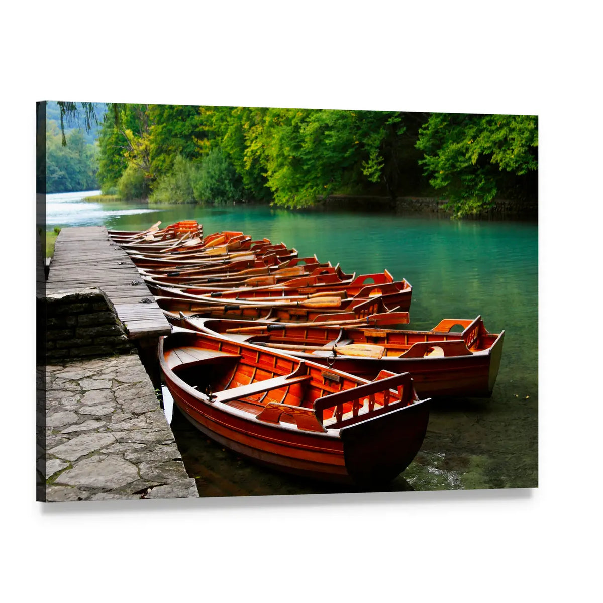 Boats in Green Lake Canvas Wall Art, single panel gallery wrapped canvas, angled product view