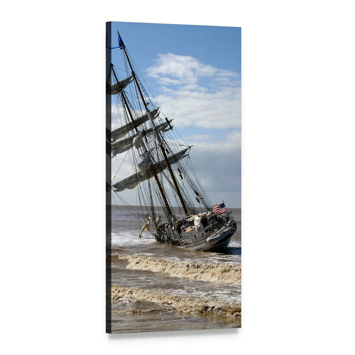 Beached Tall Ship in Churning Surf Vertical Canvas Wall Art, 1 panel 1 Vertical layout gallery wrapped canvas set, angled product view