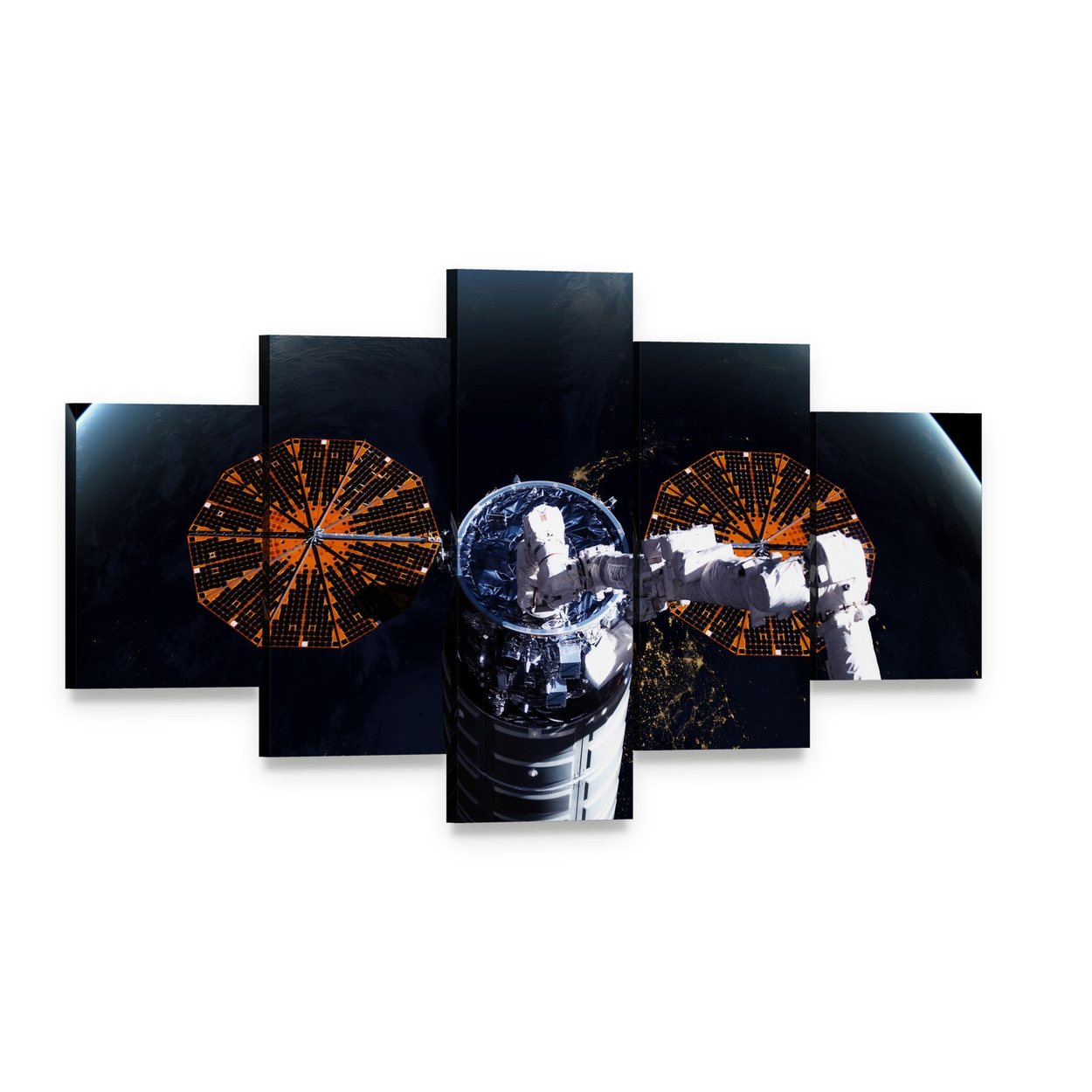 Cygnus Spacecraft Above Earth Canvas Wall Art, 5 panel 5 Star layout gallery wrapped canvas set, angled product view
