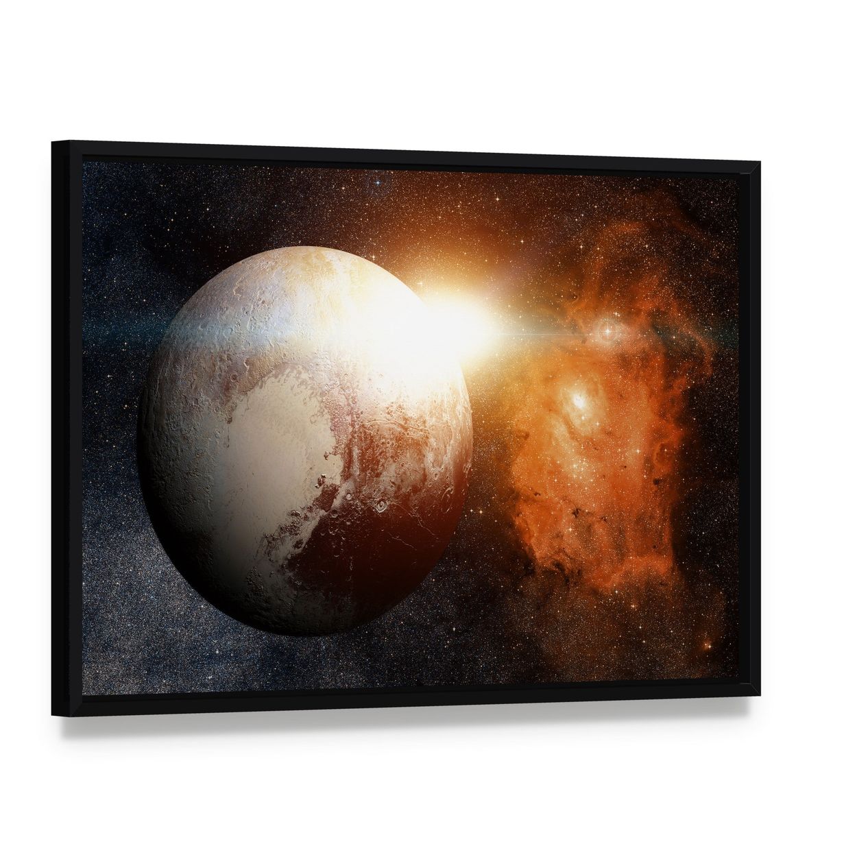Planet Pluto Canvas Wall Art, framed canvas in a black floater frame, angled product view