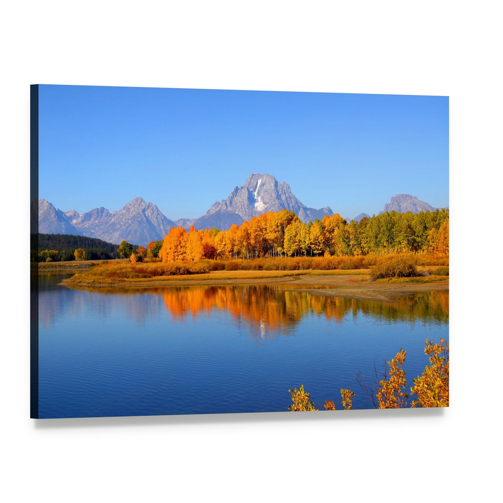 Snow-capped Mountains with Autumn Lake Reflection Canvas Wall Art, single panel gallery wrapped canvas, angled product view