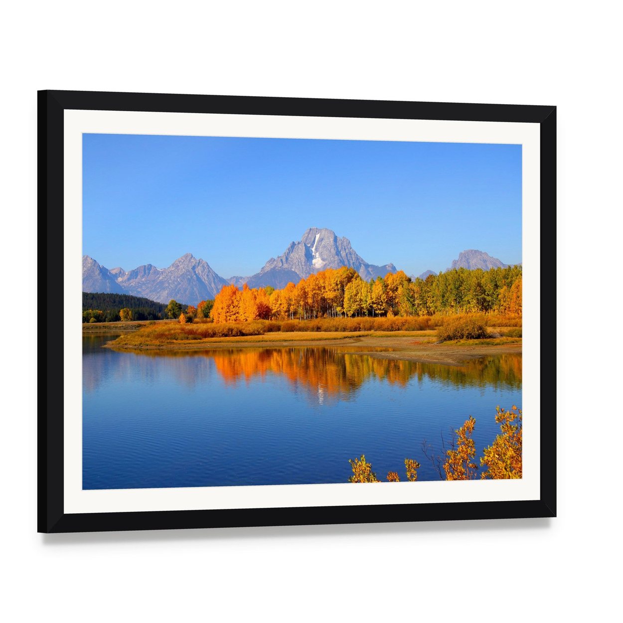 Snow-capped Mountains with Autumn Lake Reflection Canvas Wall Art, framed print with white mat and black frame, angled product view