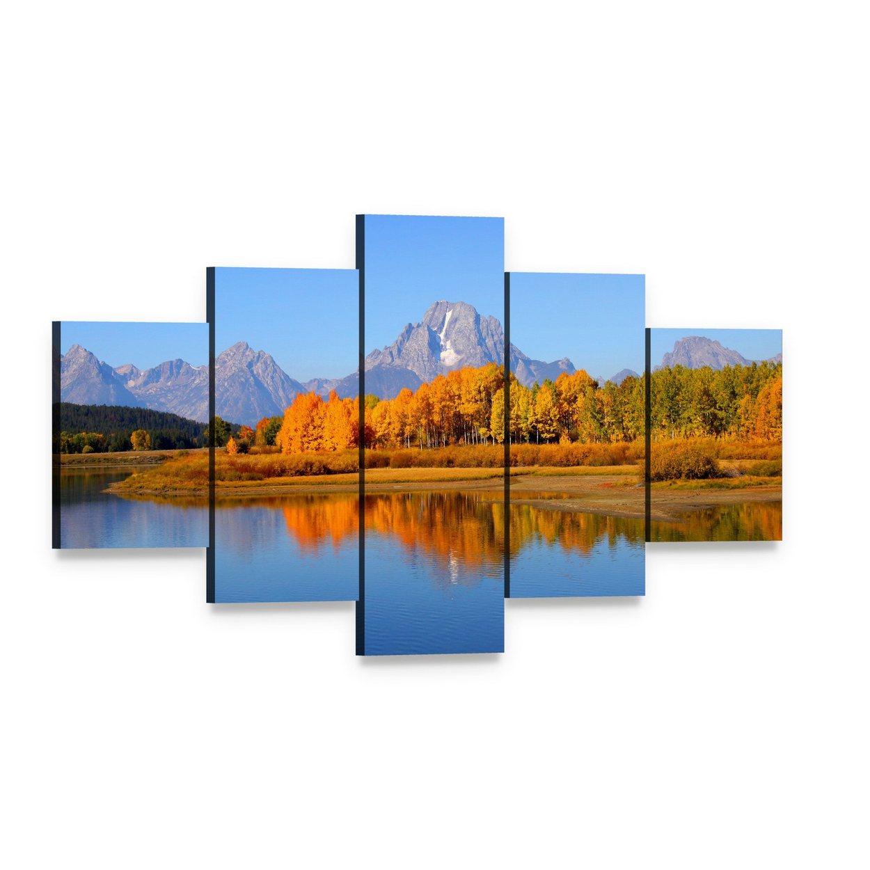 Snow-capped Mountains with Autumn Lake Reflection Canvas Wall Art, 5 panel 5 Star layout gallery wrapped canvas set, angled product view