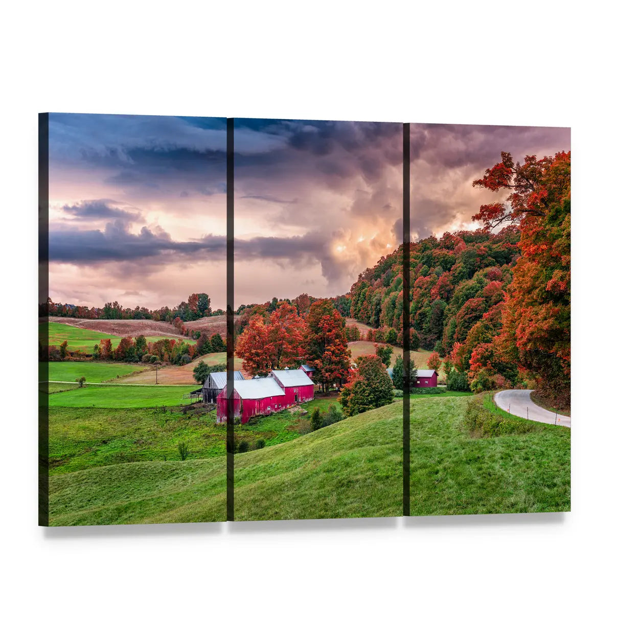 Autumn Farmhouse with Two Red Barns Canvas Wall Art, 3 panel 3 Horizontal layout gallery wrapped canvas set, angled product view