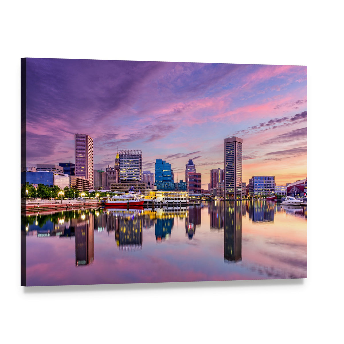 Maryland Waterfront Skyline at Dusk Canvas Wall Art, single panel gallery wrapped canvas, angled product view