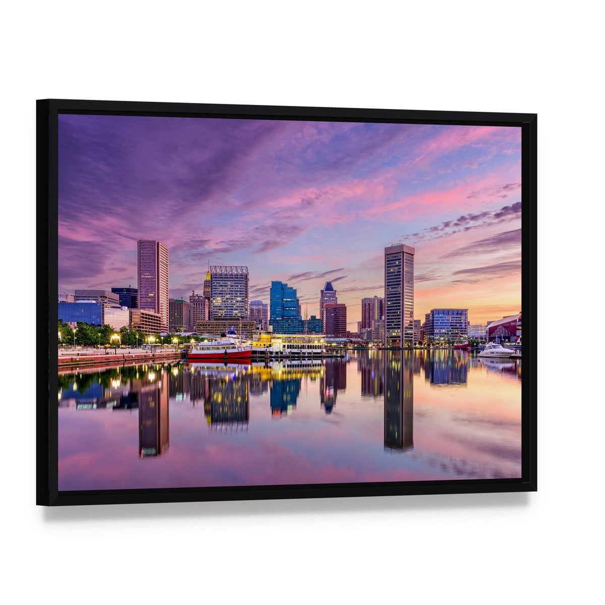 Maryland Waterfront Skyline at Dusk Canvas Wall Art, framed canvas in a black floater frame, angled product view