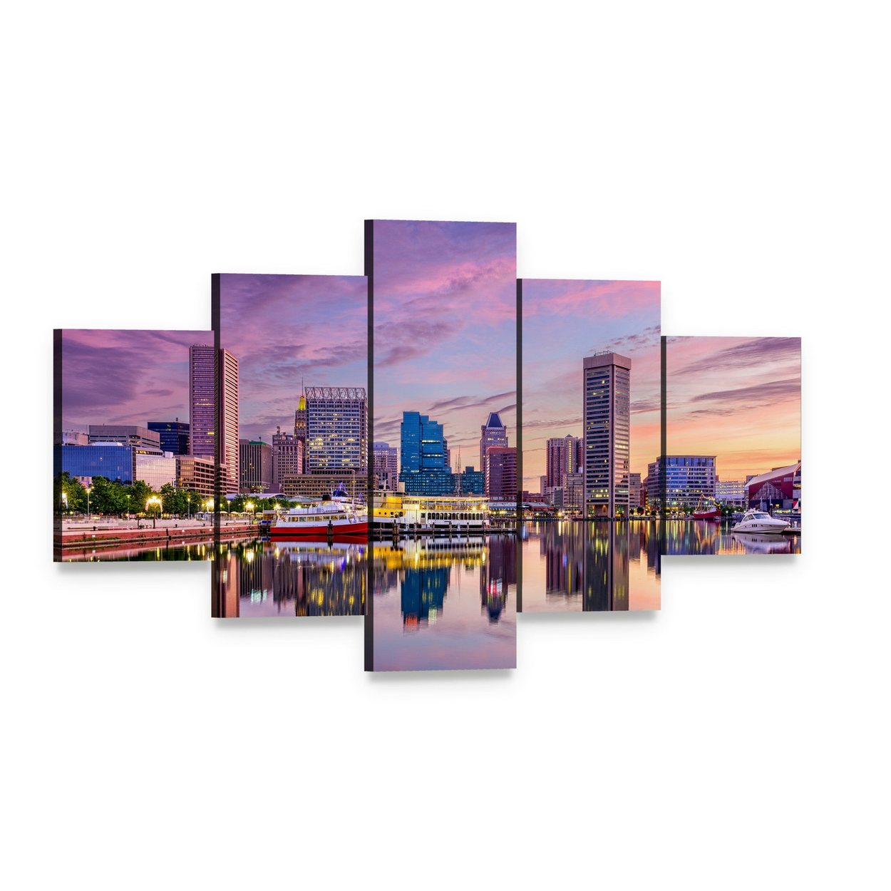 Maryland Waterfront Skyline at Dusk Canvas Wall Art, 5 panel 5 Star layout gallery wrapped canvas set, angled product view