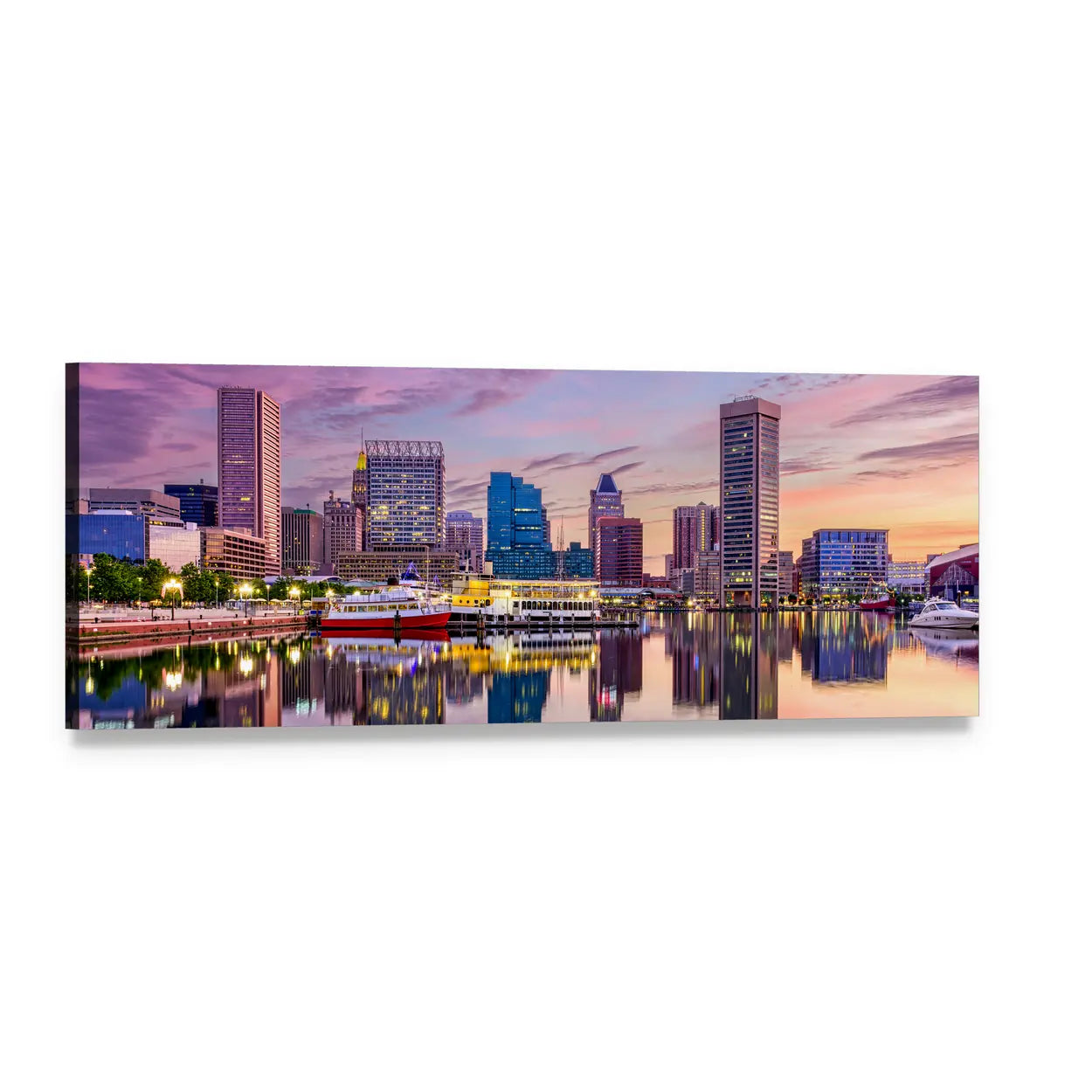 Baltimore Inner Harbor Skyline at Dusk Panoramic Canvas Wall Art, single panel gallery wrapped canvas, angled product view
