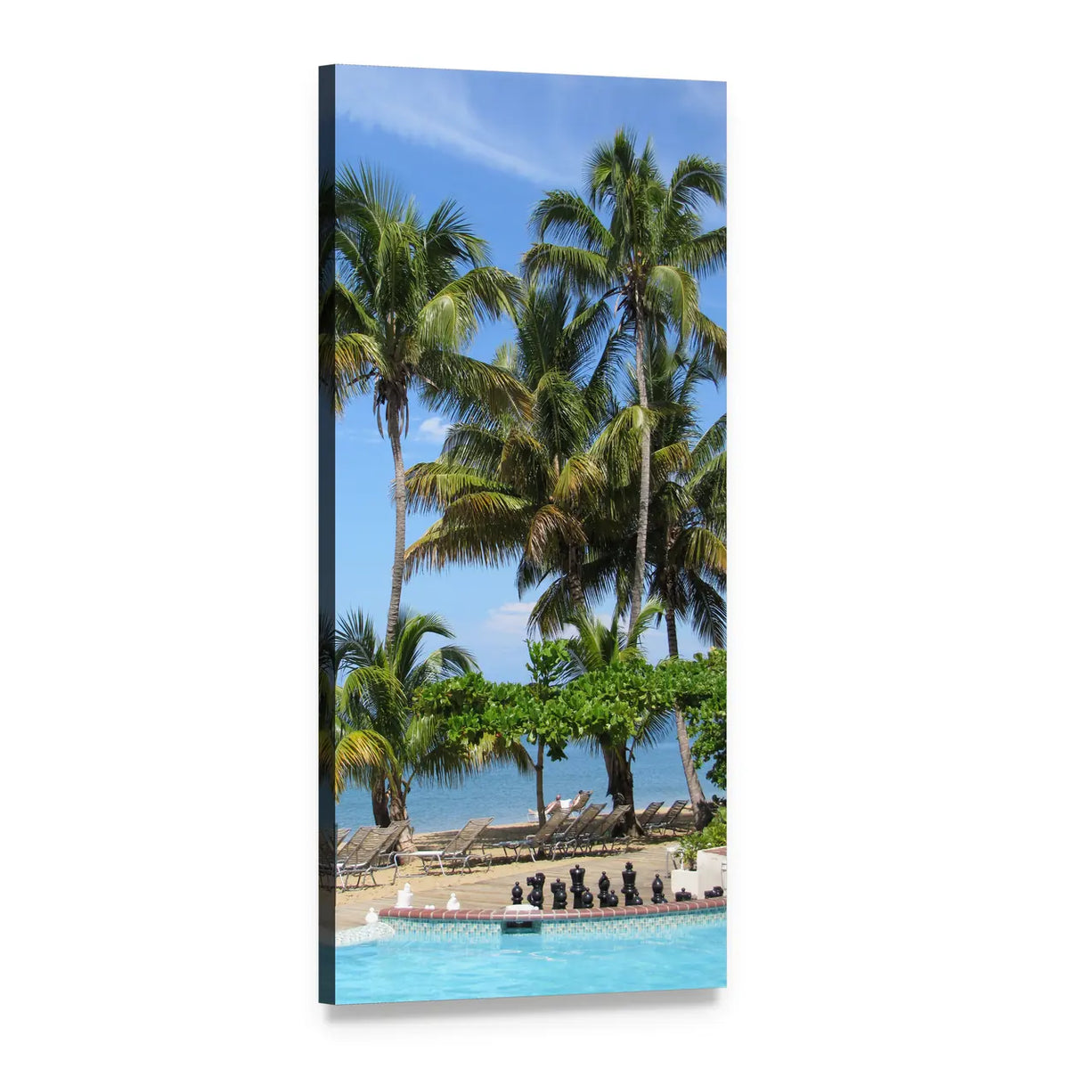 Tropical Palm Trees by a Summer Pool Vertical Canvas Wall Art, 1 panel 1 Vertical layout gallery wrapped canvas set, angled product view