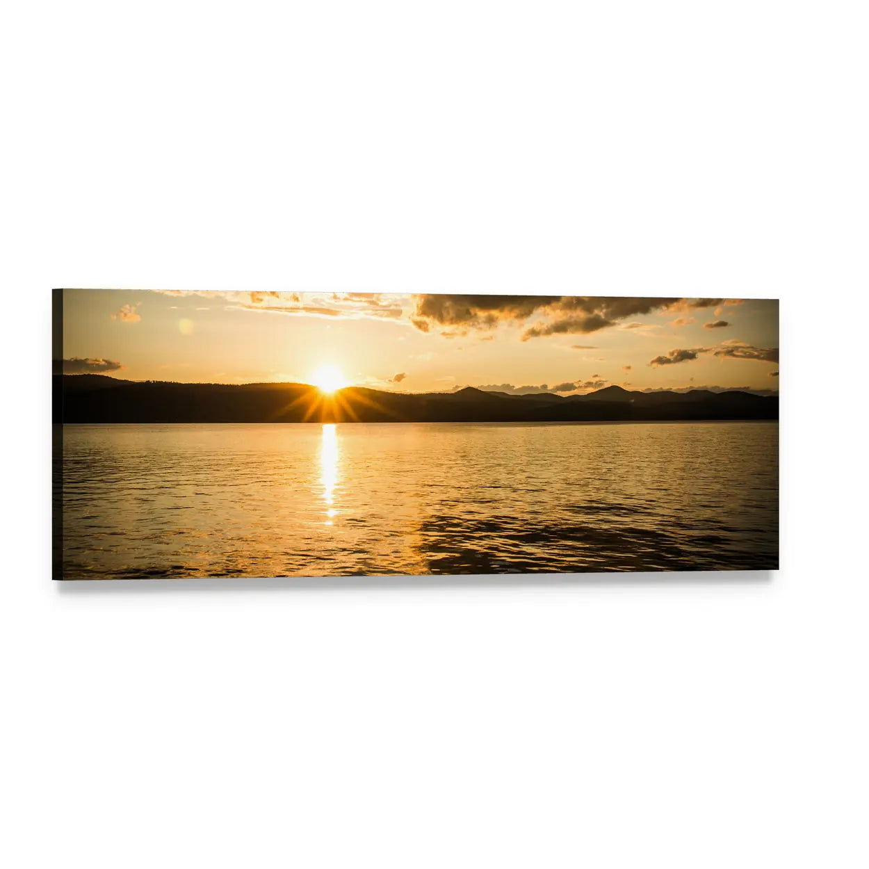 Lake George Sunset Panoramic Canvas Wall Art, single panel gallery wrapped canvas, angled product view