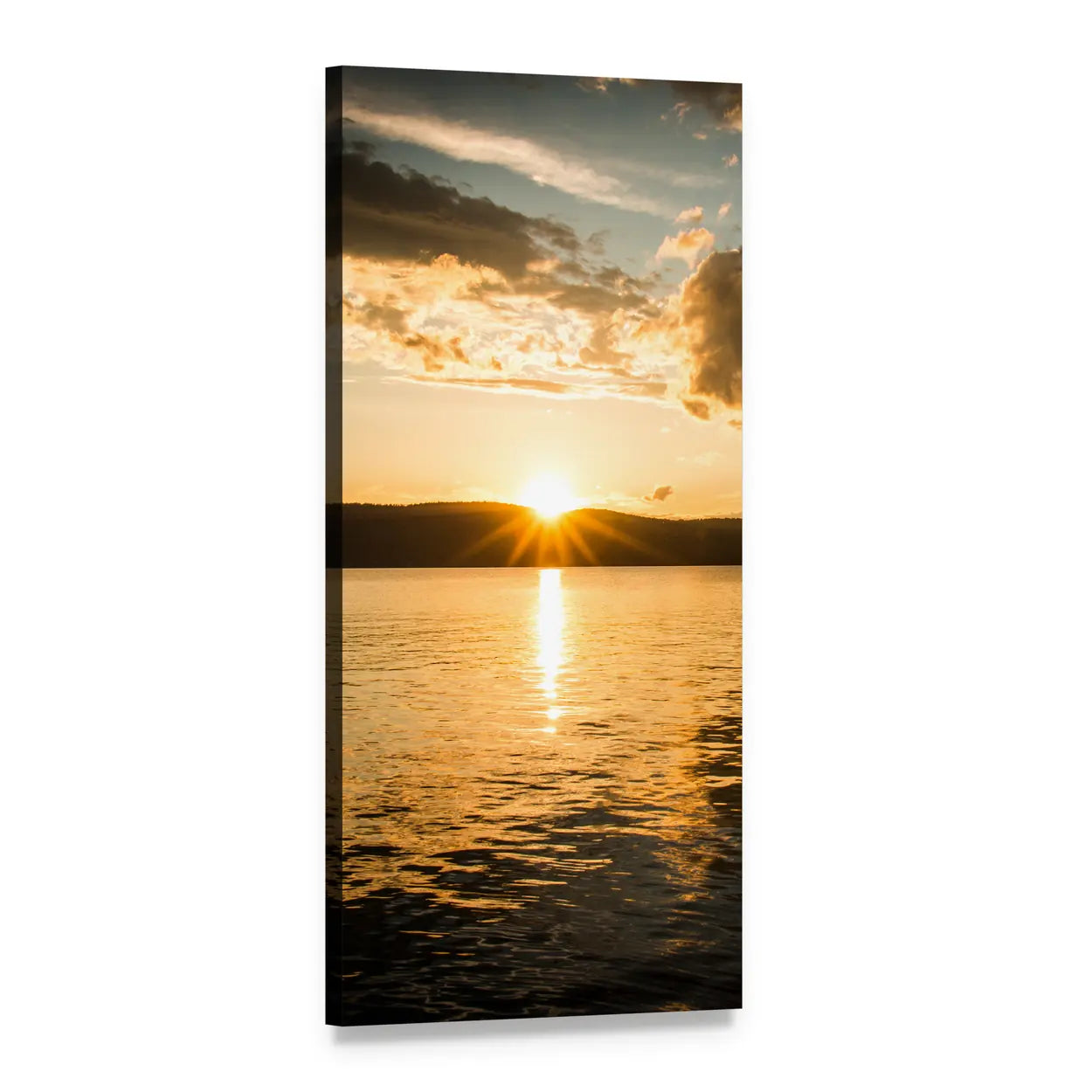 Golden Sunset Over Rippling Lake Vertical Canvas Wall Art, 1 panel 1 Vertical layout gallery wrapped canvas set, angled product view