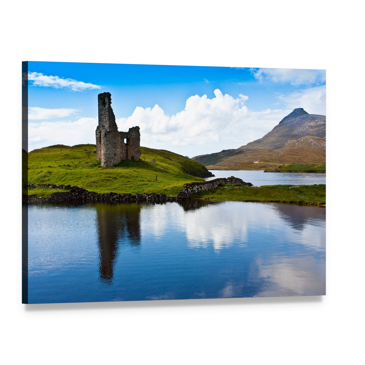 Ruined Castle by a Calm Lake Canvas Wall Art, single panel gallery wrapped canvas, angled product view
