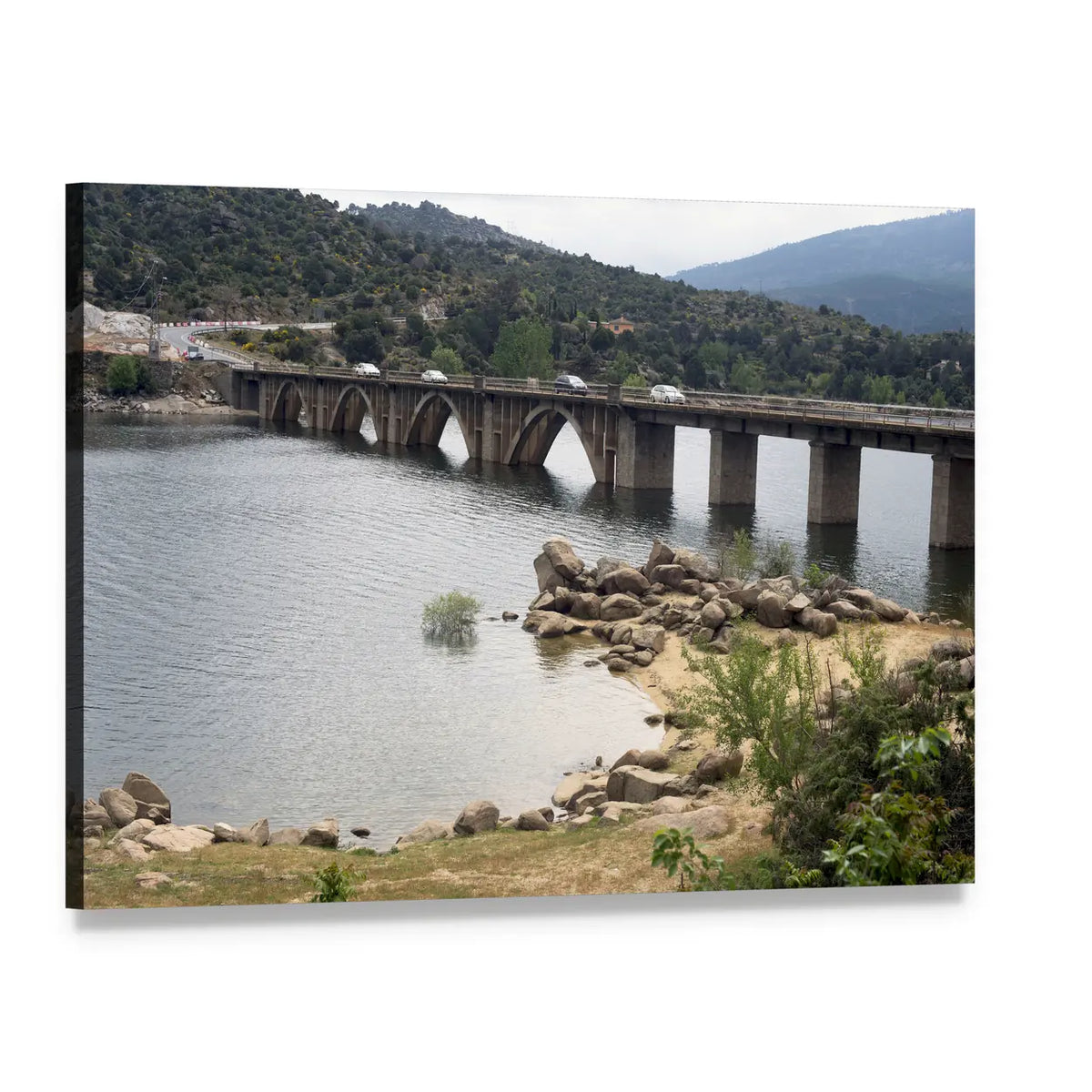 Arched Bridge Over Calm Water Canvas Wall Art, single panel gallery wrapped canvas, angled product view