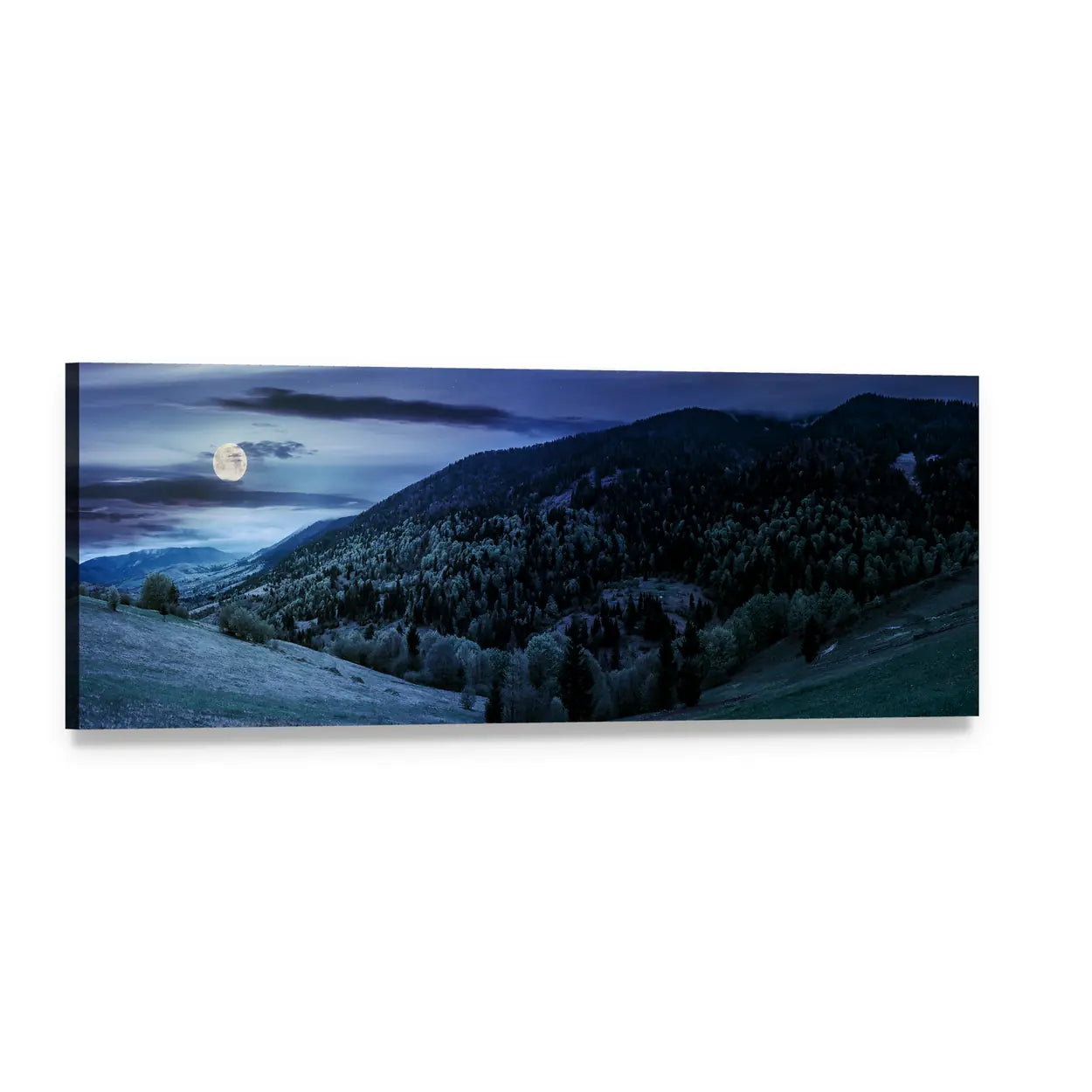 Mountain Landscape in Moonlight Panoramic Canvas Wall Art, single panel gallery wrapped canvas, angled product view