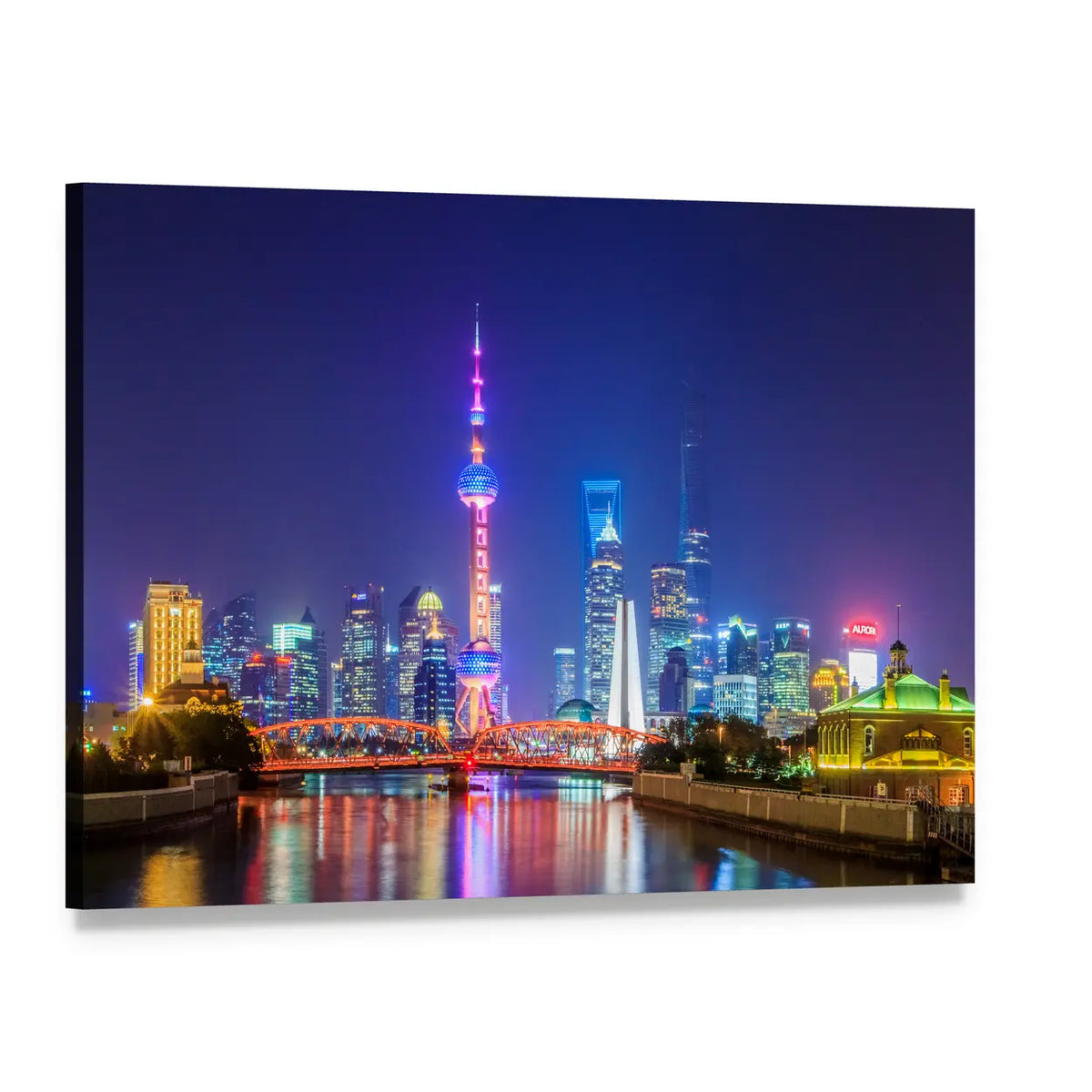 Lujiazui Shanghai Skyline at Night Canvas Wall Art, single panel gallery wrapped canvas, angled product view