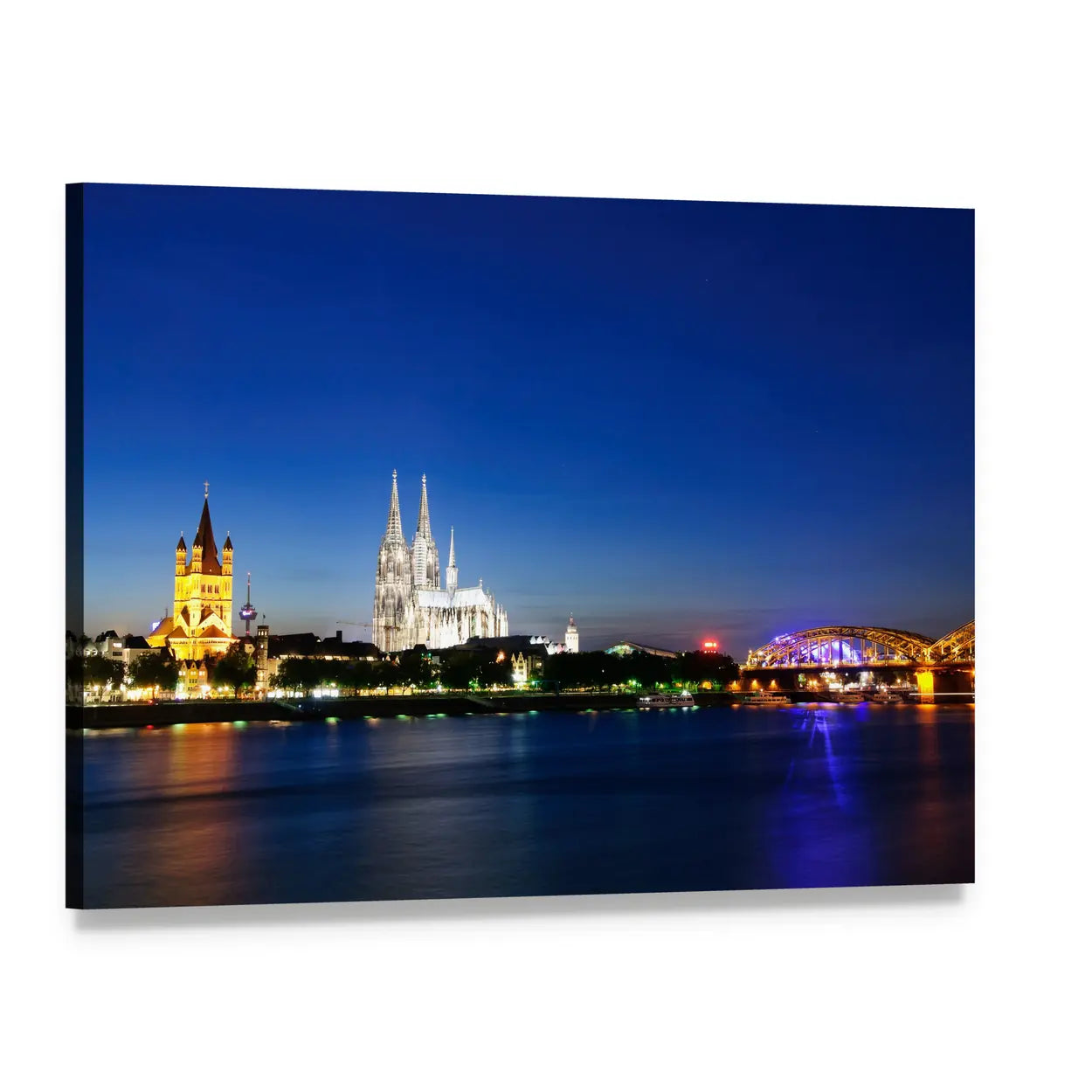 Cologne City at Night Canvas Wall Art, single panel gallery wrapped canvas, angled product view