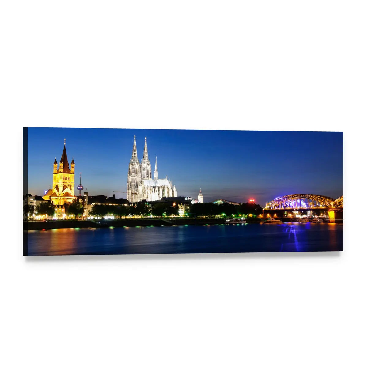 Cologne City at Night Panoramic Canvas Wall Art, single panel gallery wrapped canvas, angled product view