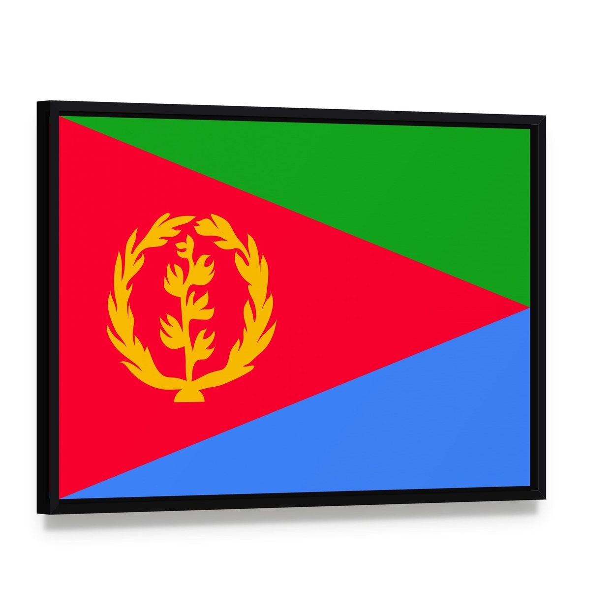 Eritrea Flag with Olive Branch Wreath Canvas Wall Art, framed canvas in a black floater frame, angled product view