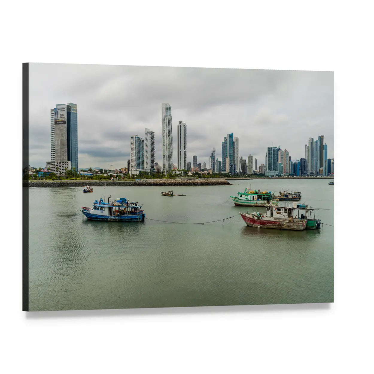 Port Skyline with Ships Canvas Wall Art, single panel gallery wrapped canvas, angled product view