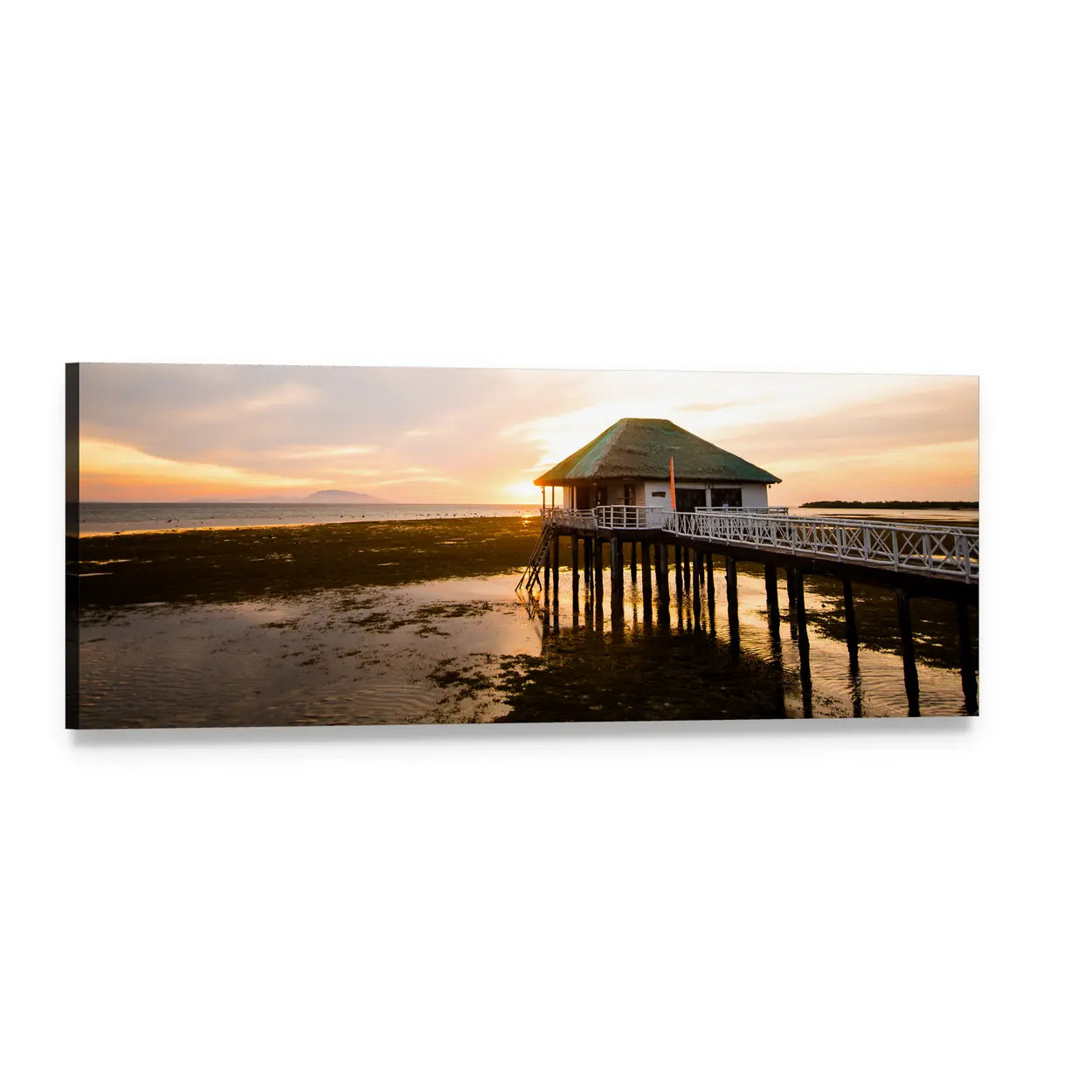 Sunset Beach House on Wooden Pier Panoramic Canvas Wall Art, single panel gallery wrapped canvas, angled product view