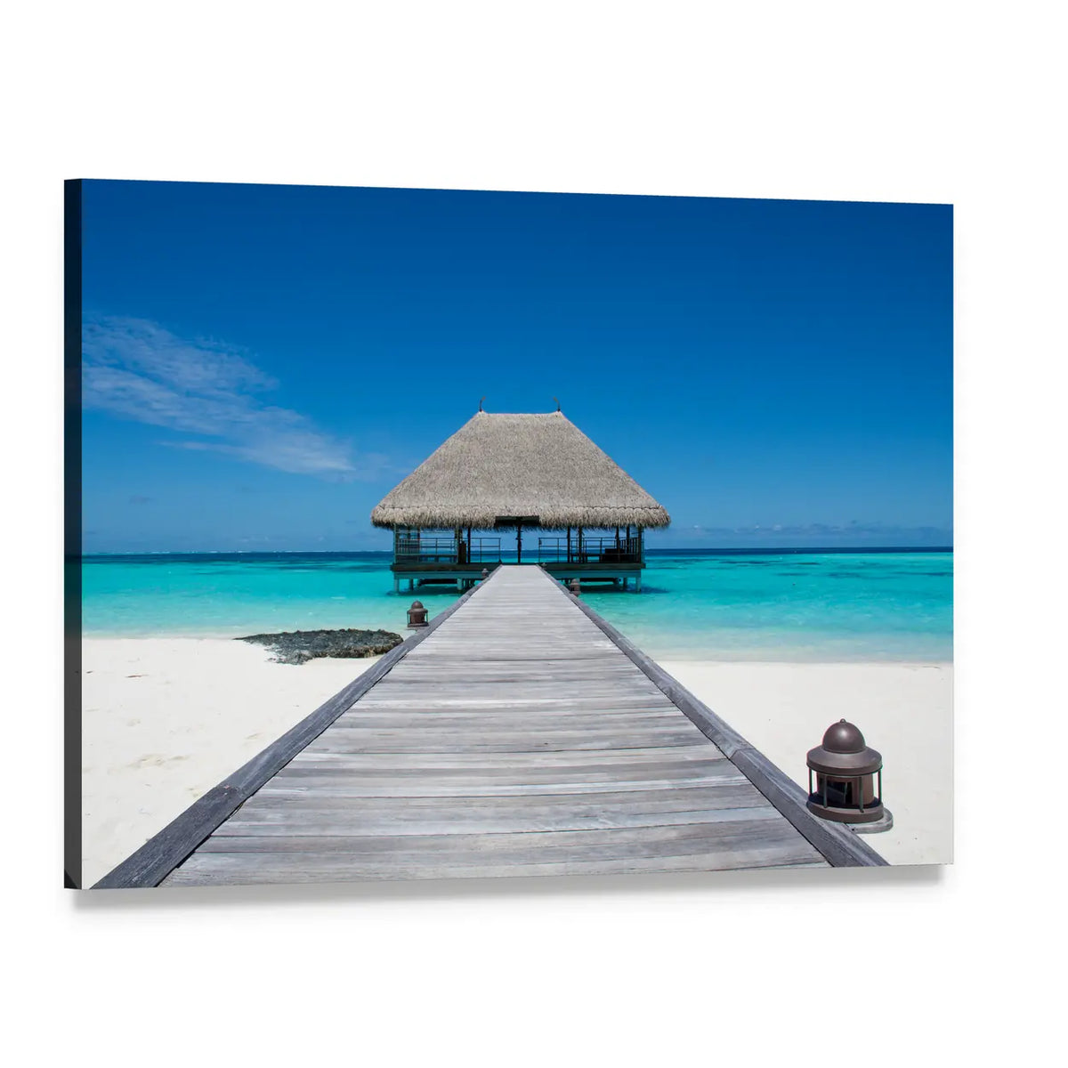 Maldives Wooden Pier to Overwater Bungalow Canvas Wall Art, single panel gallery wrapped canvas, angled product view