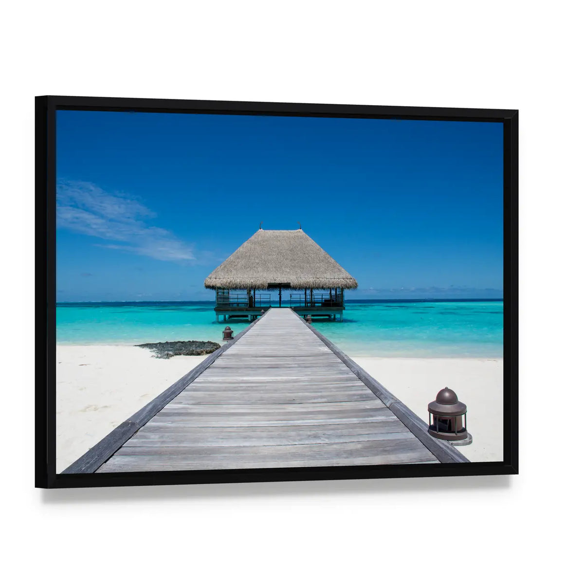 Maldives Wooden Pier to Overwater Bungalow Canvas Wall Art, framed canvas in a black floater frame, angled product view