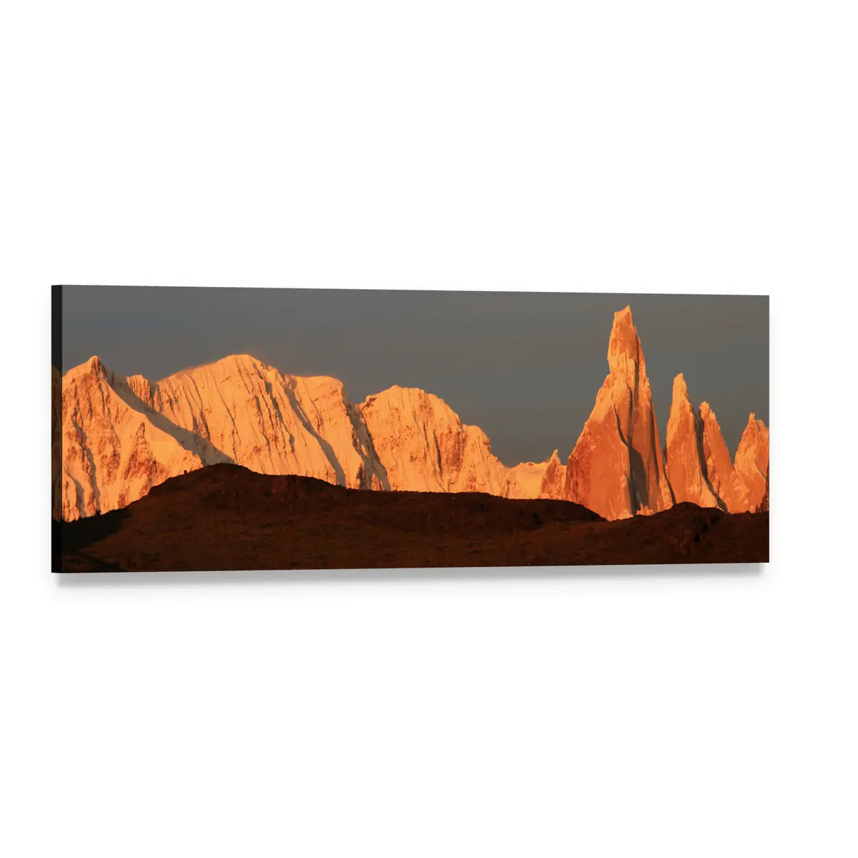 Cerro Torre at Sunrise Panoramic Canvas Wall Art, single panel gallery wrapped canvas, angled product view