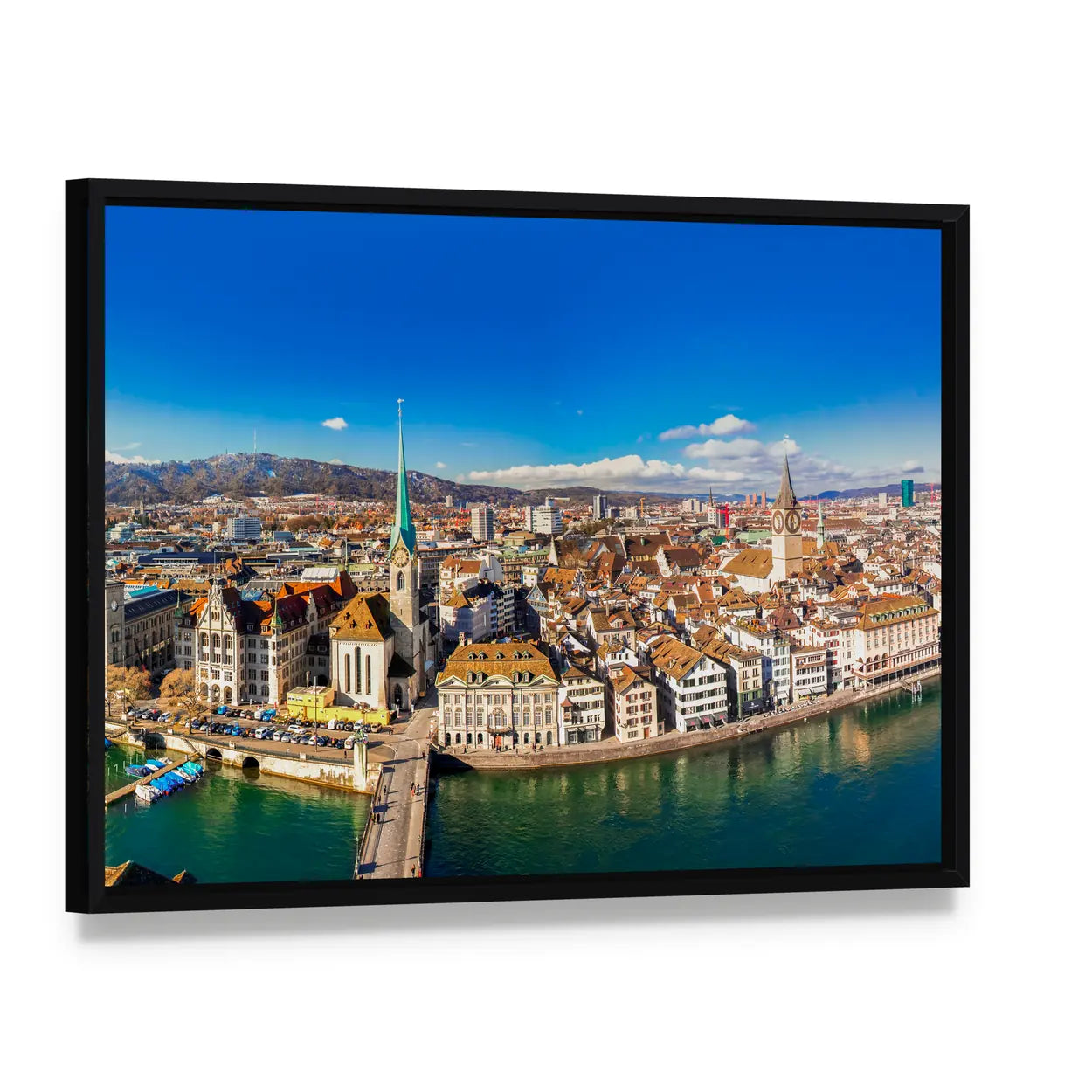 Historic Zurich City Canvas Wall Art, framed canvas in a black floater frame, angled product view